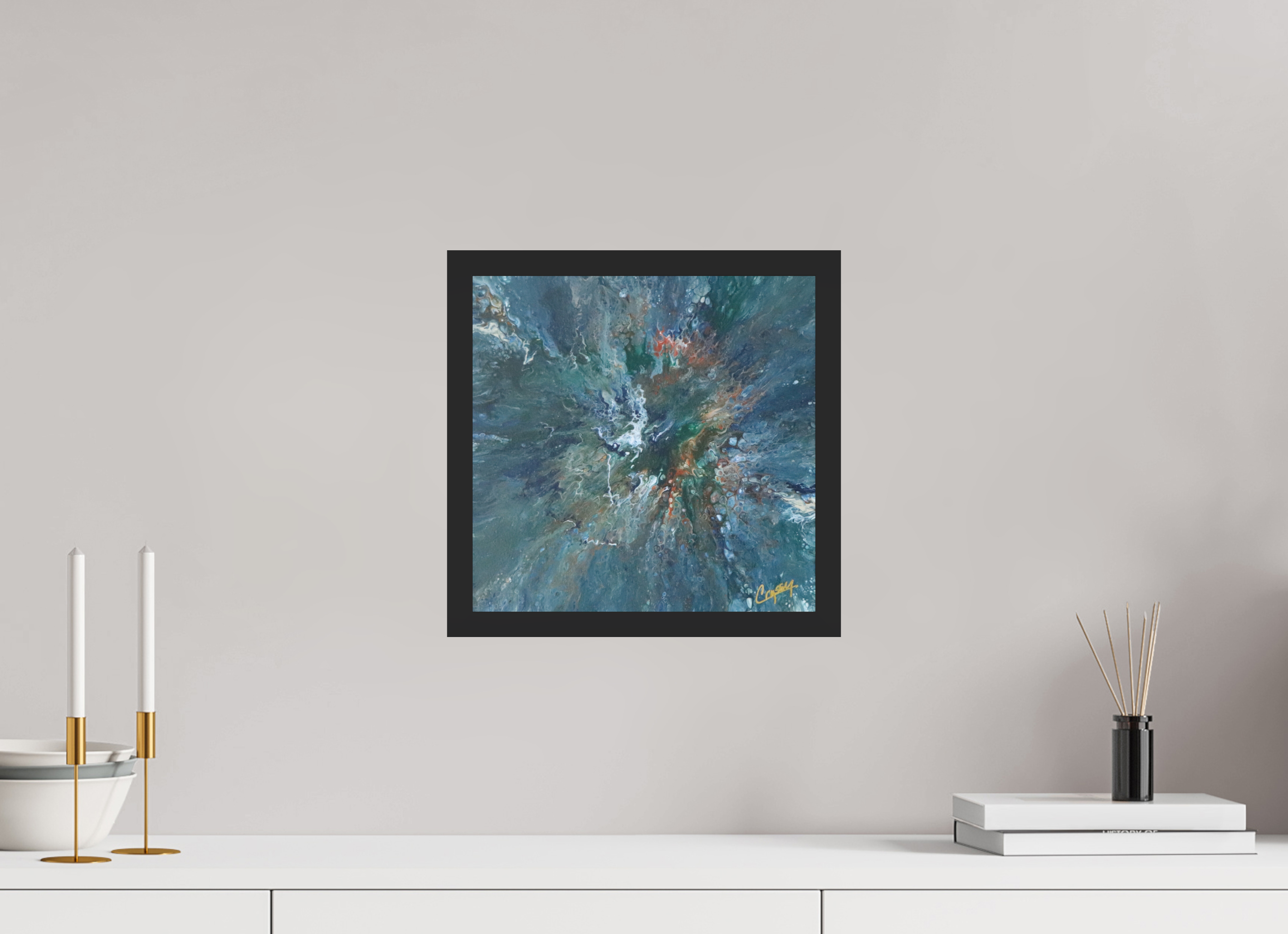 12.2 x 12″, *Photo Print Under Acrylic Glass Black Matte Frame Teal Flux - Original Tilt Pour Painting