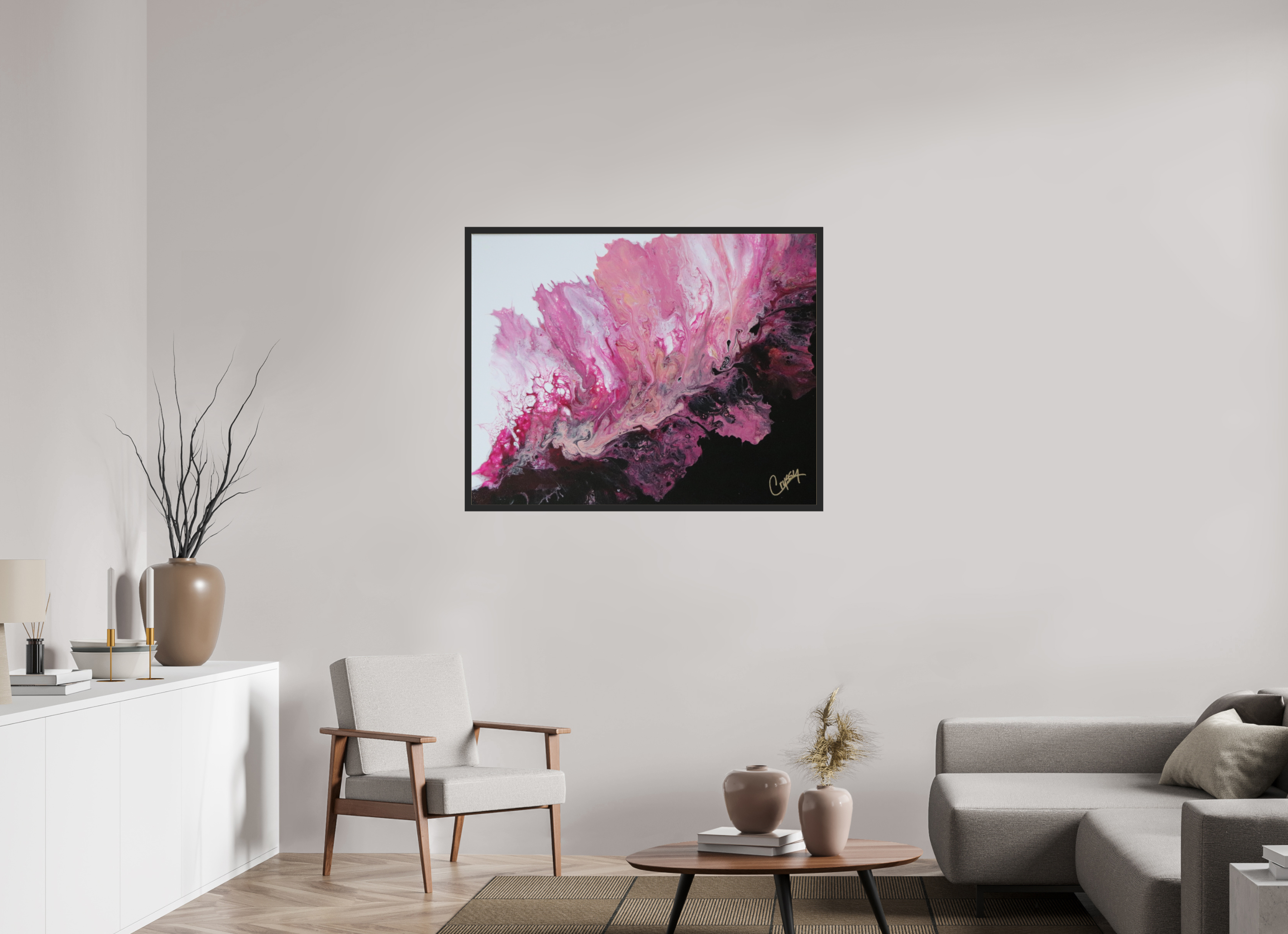 44.4 x 35″, *Photo Print Under Acrylic Glass Black Matte Frame Pink Magma - Original Dutch Pour