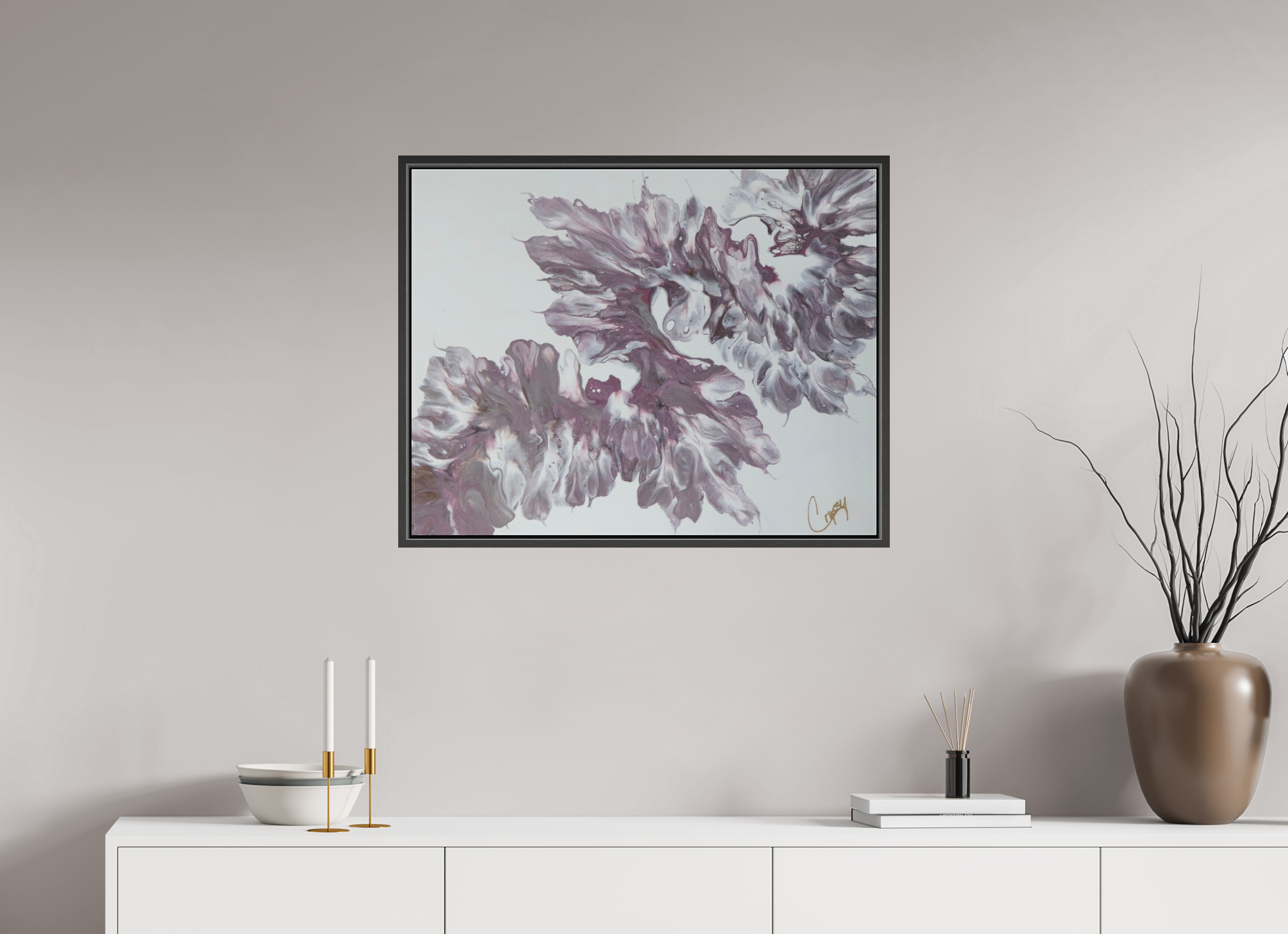 30.6 x 24″, *.7" Matte Canvas with Black Oak Frame Pink Dragon - Original Dutch Pour Painting