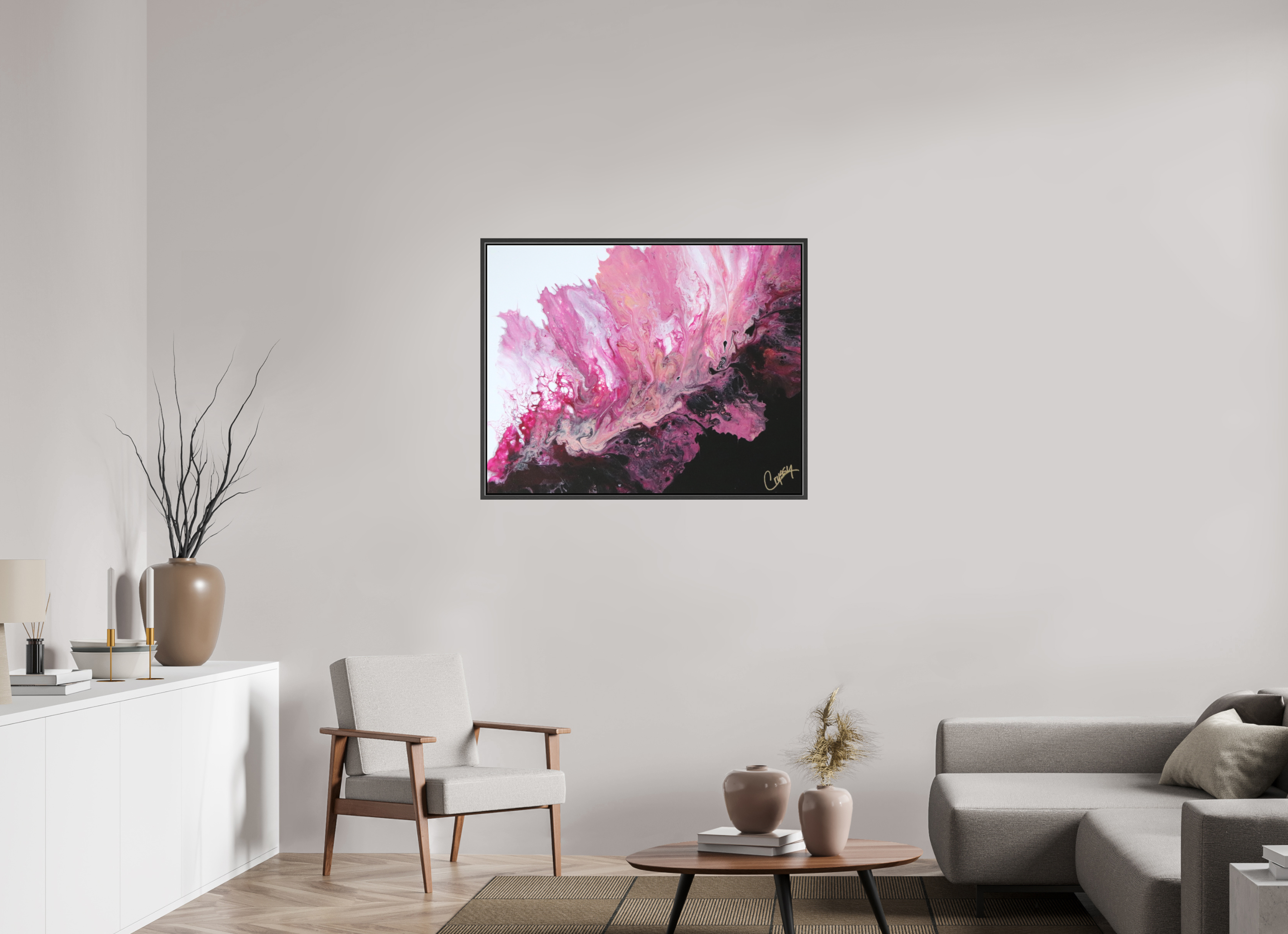 39.3 x 31″, *.7" Matte Canvas with Black Oak Frame Pink Magma - Original Dutch Pour