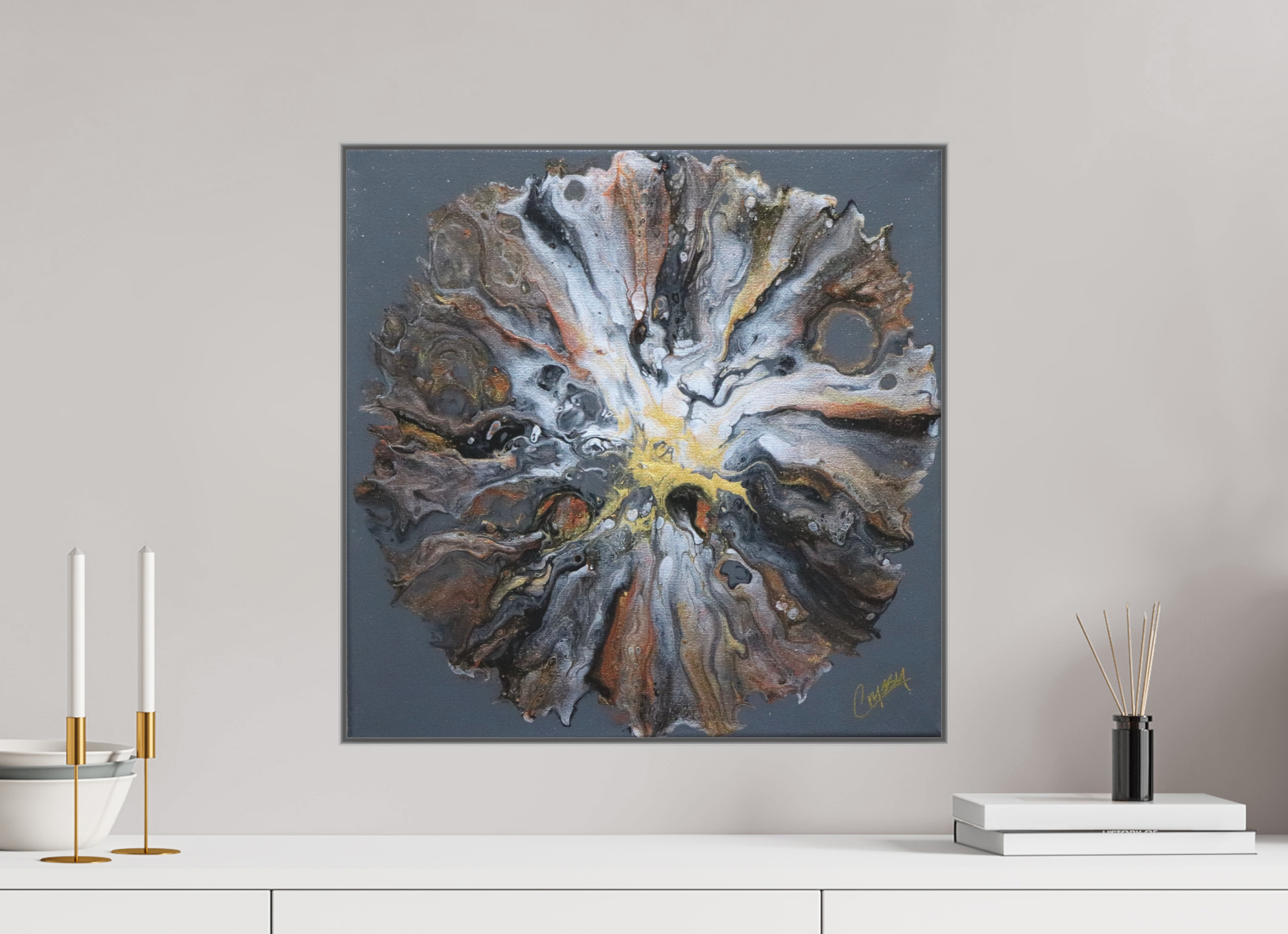 20.2 x 20″, *Aluminum Artbox 1" on fine art paper under acrylic matte glass copper Bloom