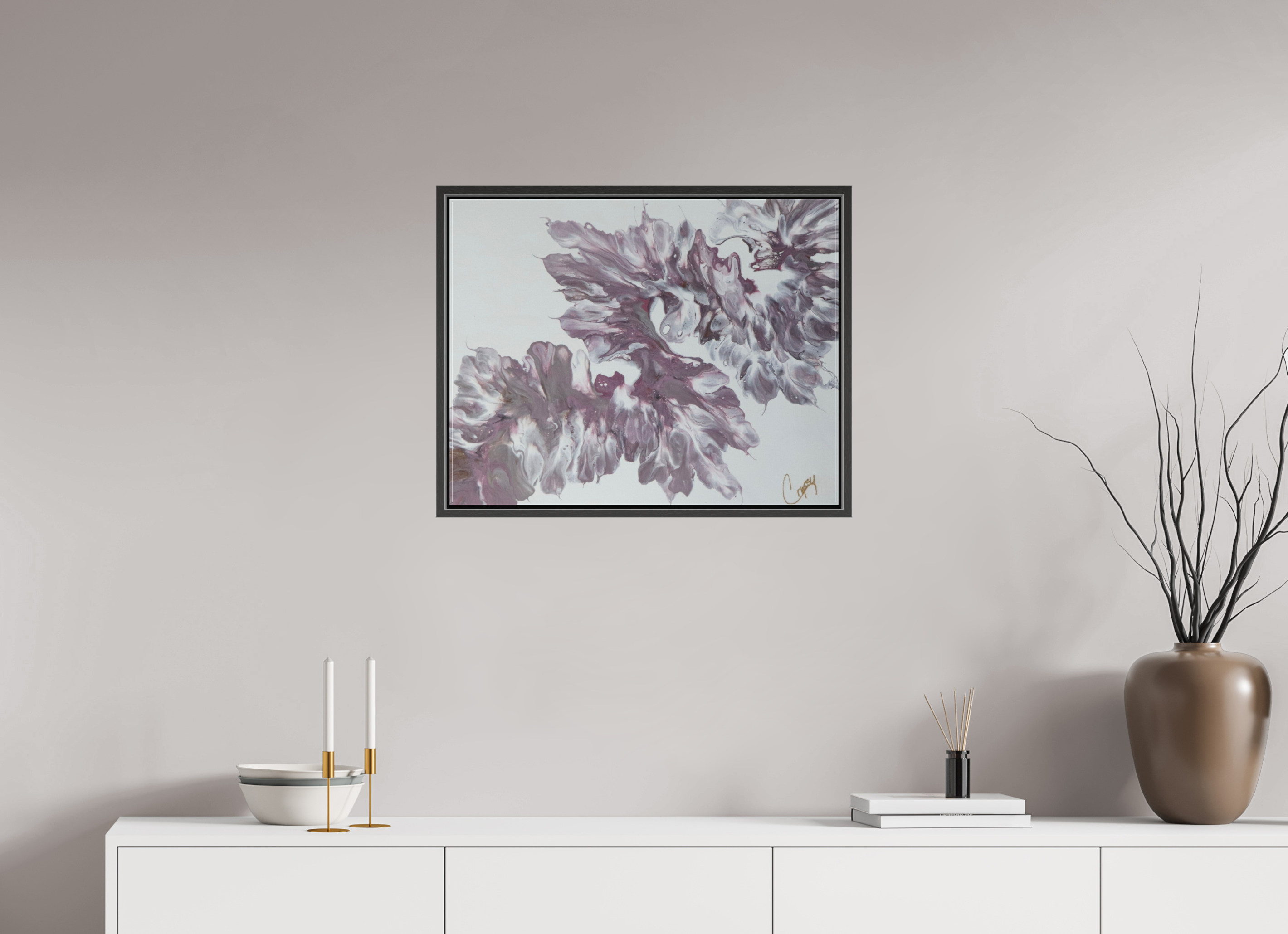 25.6 x 20″, *.7" Matte Canvas with Black Oak Frame Pink Dragon - Original Dutch Pour Painting