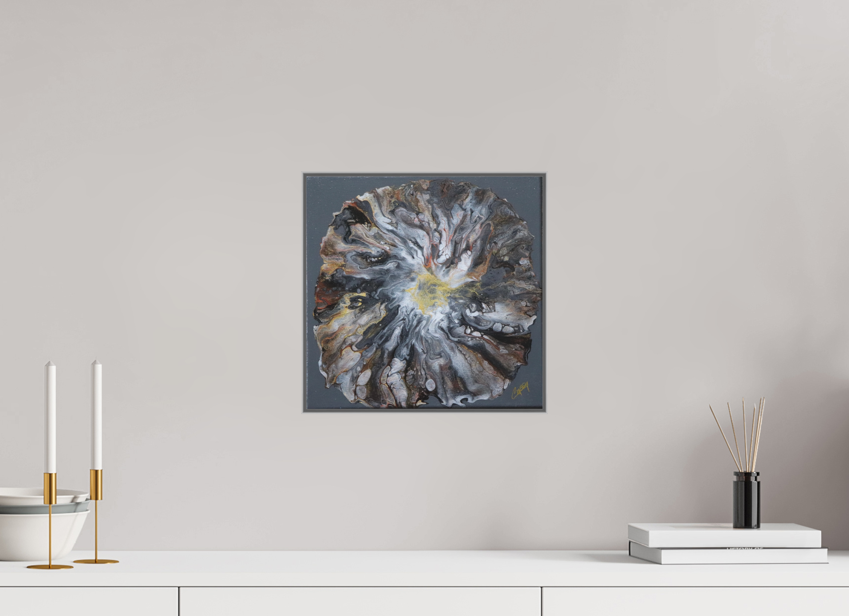 12.2 x 12″, *Aluminum Artbox 1" on fine art paper under acrylic matte glass Copper Bloom II