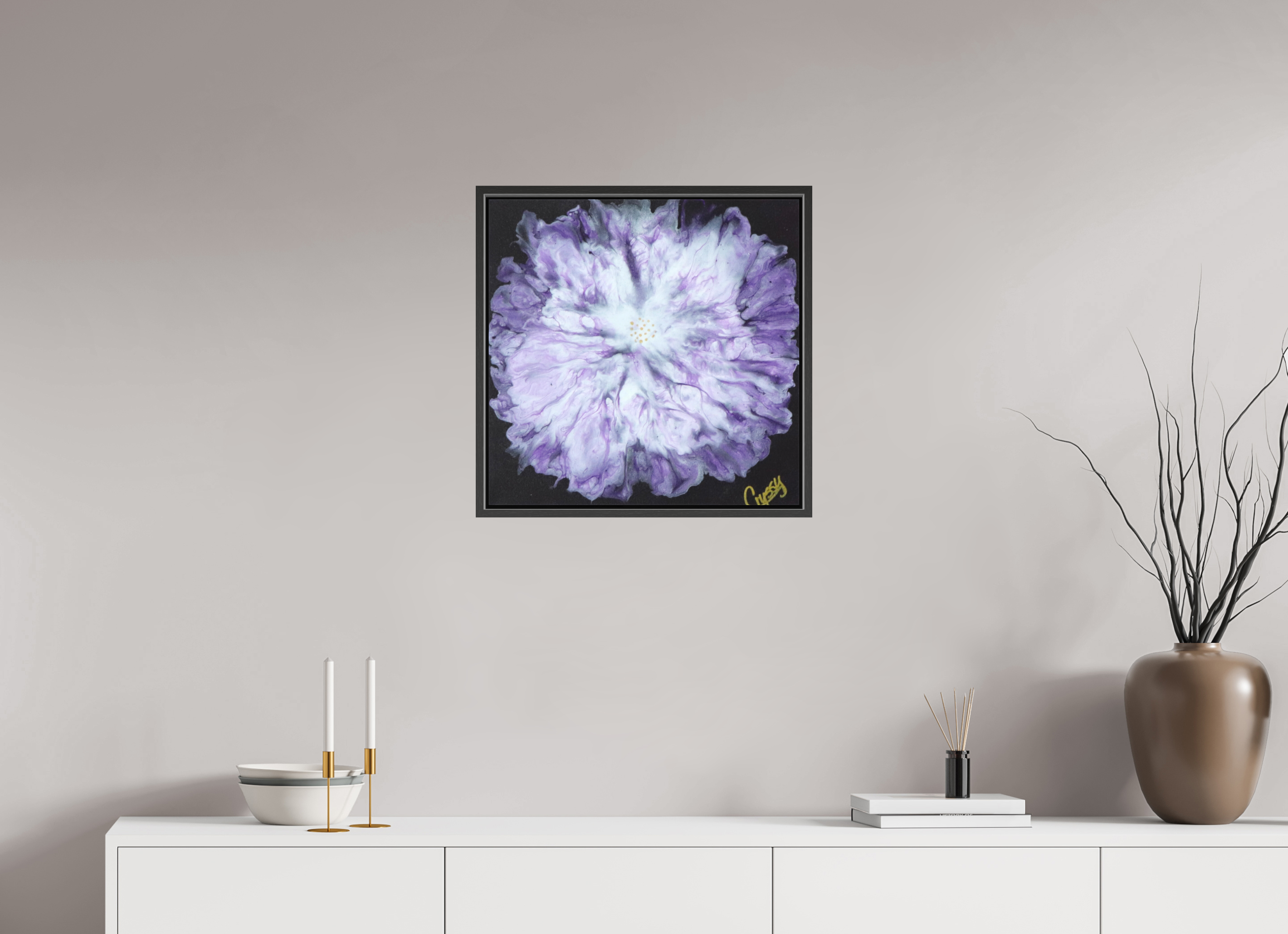 20.3 x 20″, *.7" Matte Canvas with Black Oak Frame Purple Paisley - Original Acrylic Dutch Pour Painting
