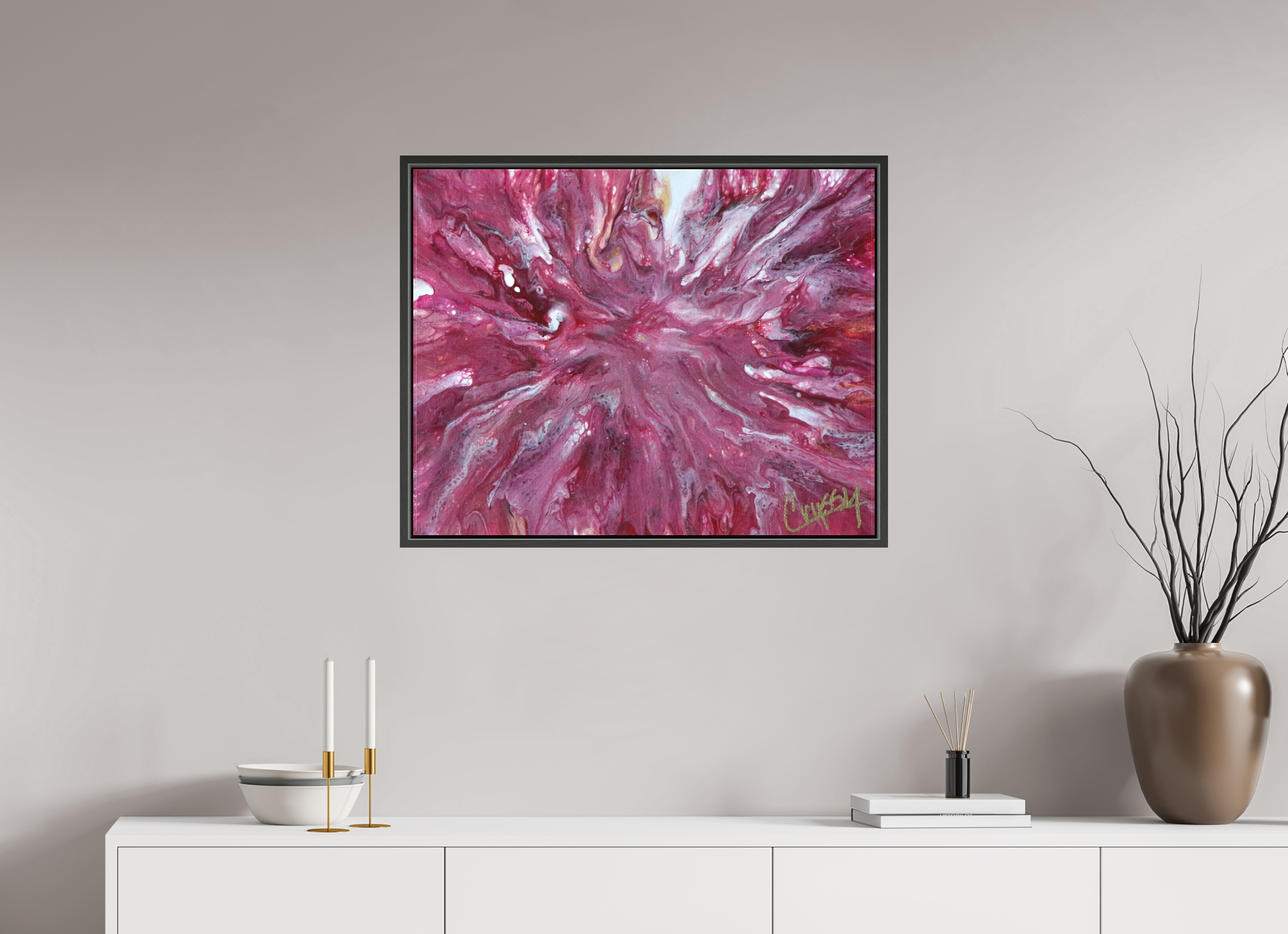 30.4 x 24″, *.7" Matte Canvas with Black Oak Frame Pink Explosion - Original Dutch Pour Acrylic Painting