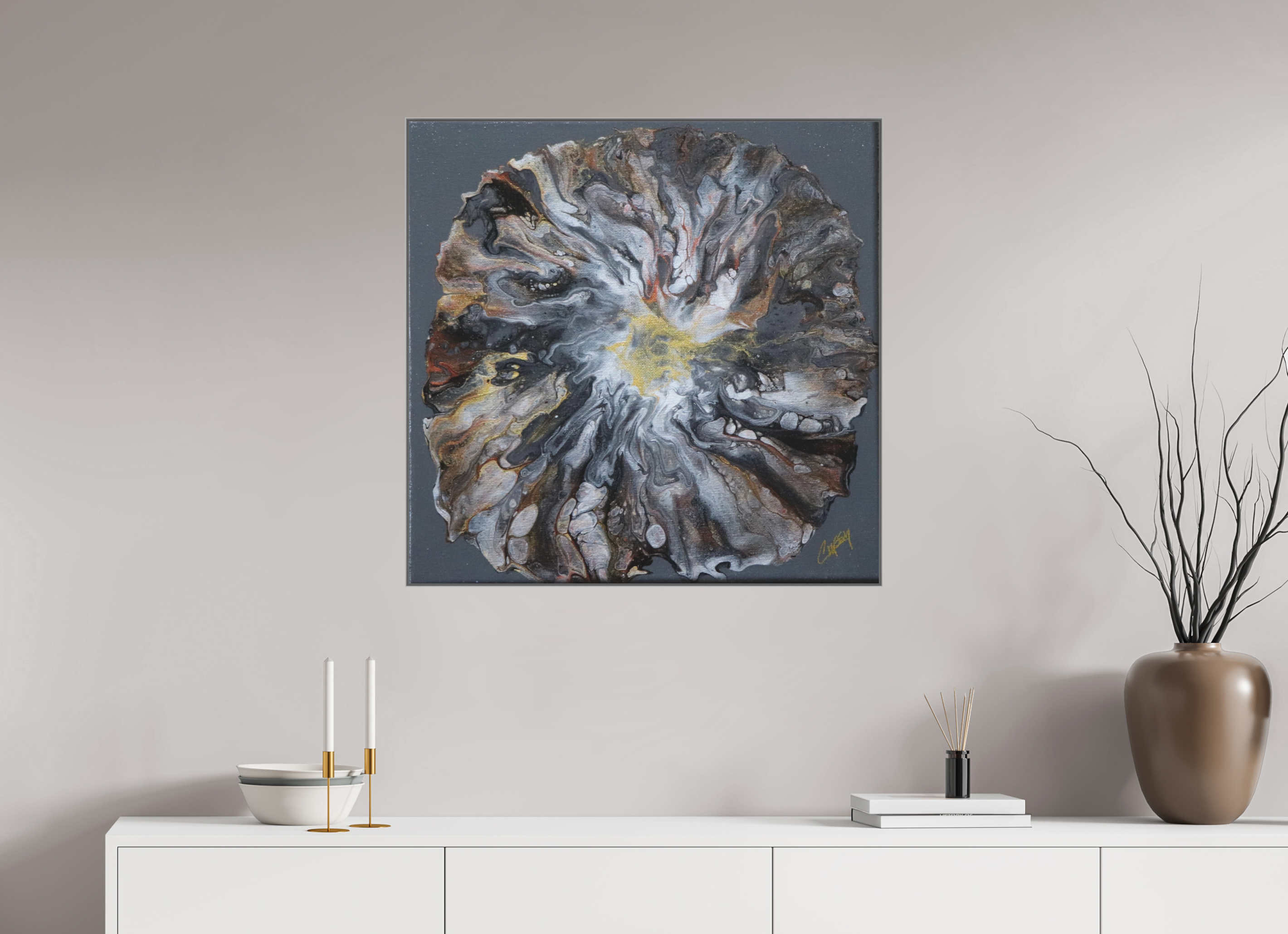 31.5 x 31″, *Aluminum Artbox 1" on fine art paper under acrylic matte glass Copper Bloom II