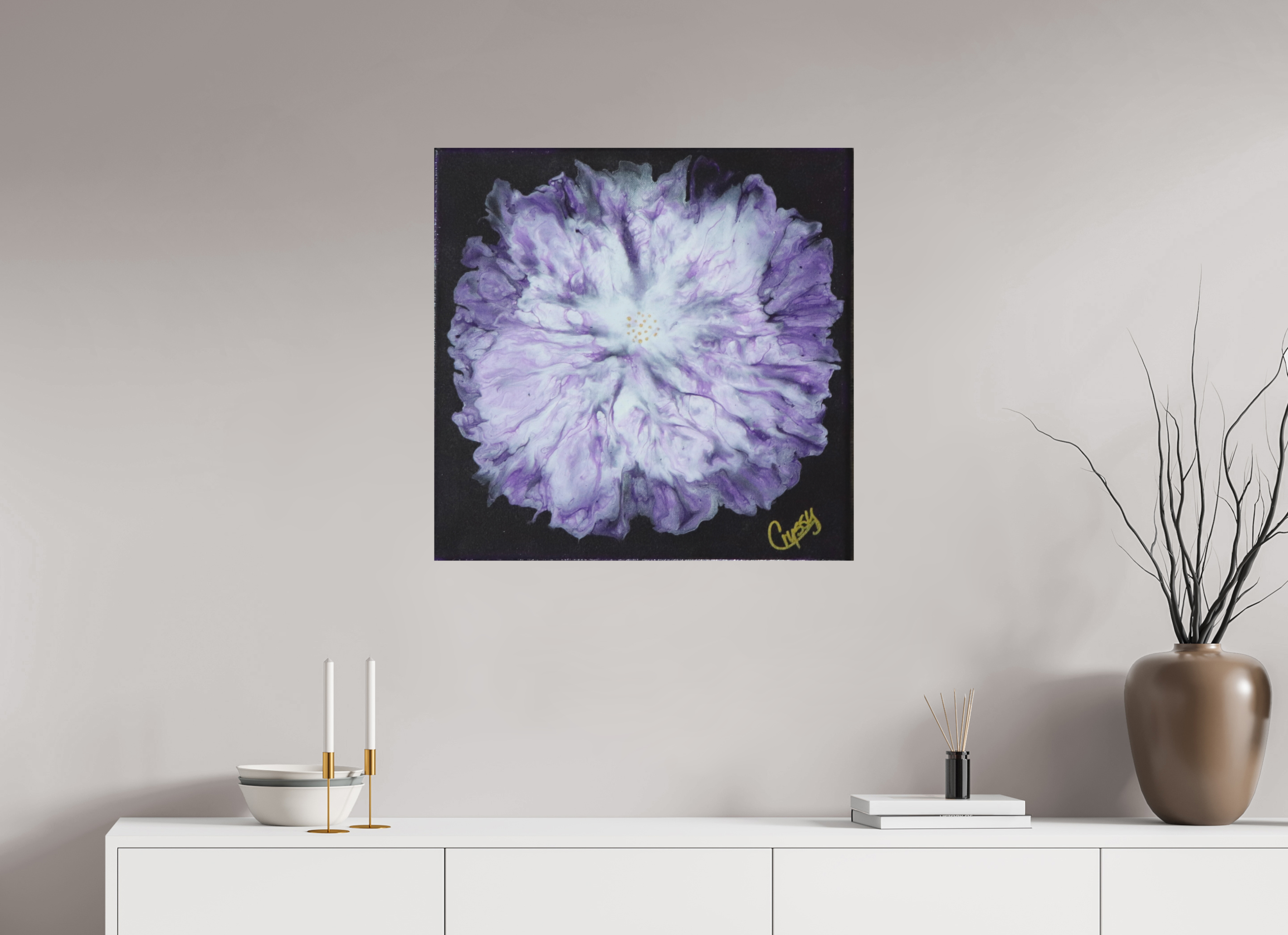 28.5 x 28″, *Photo Print on Fuji Silk with Black Frame Purple Paisley - Original Acrylic Dutch Pour Painting