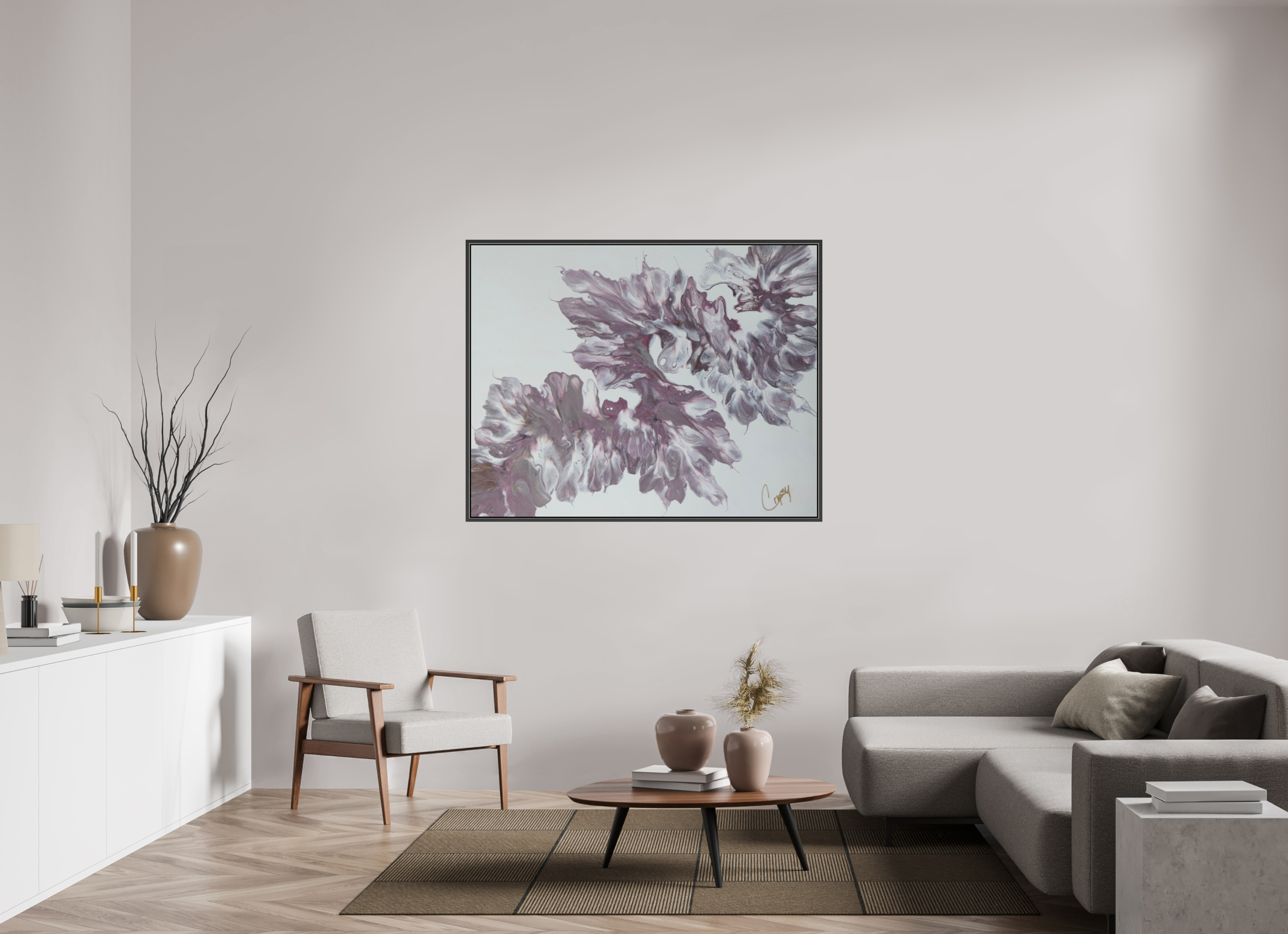 54.9 x 43″, *.7" Matte Canvas with Black Oak Frame Pink Dragon - Original Dutch Pour Painting