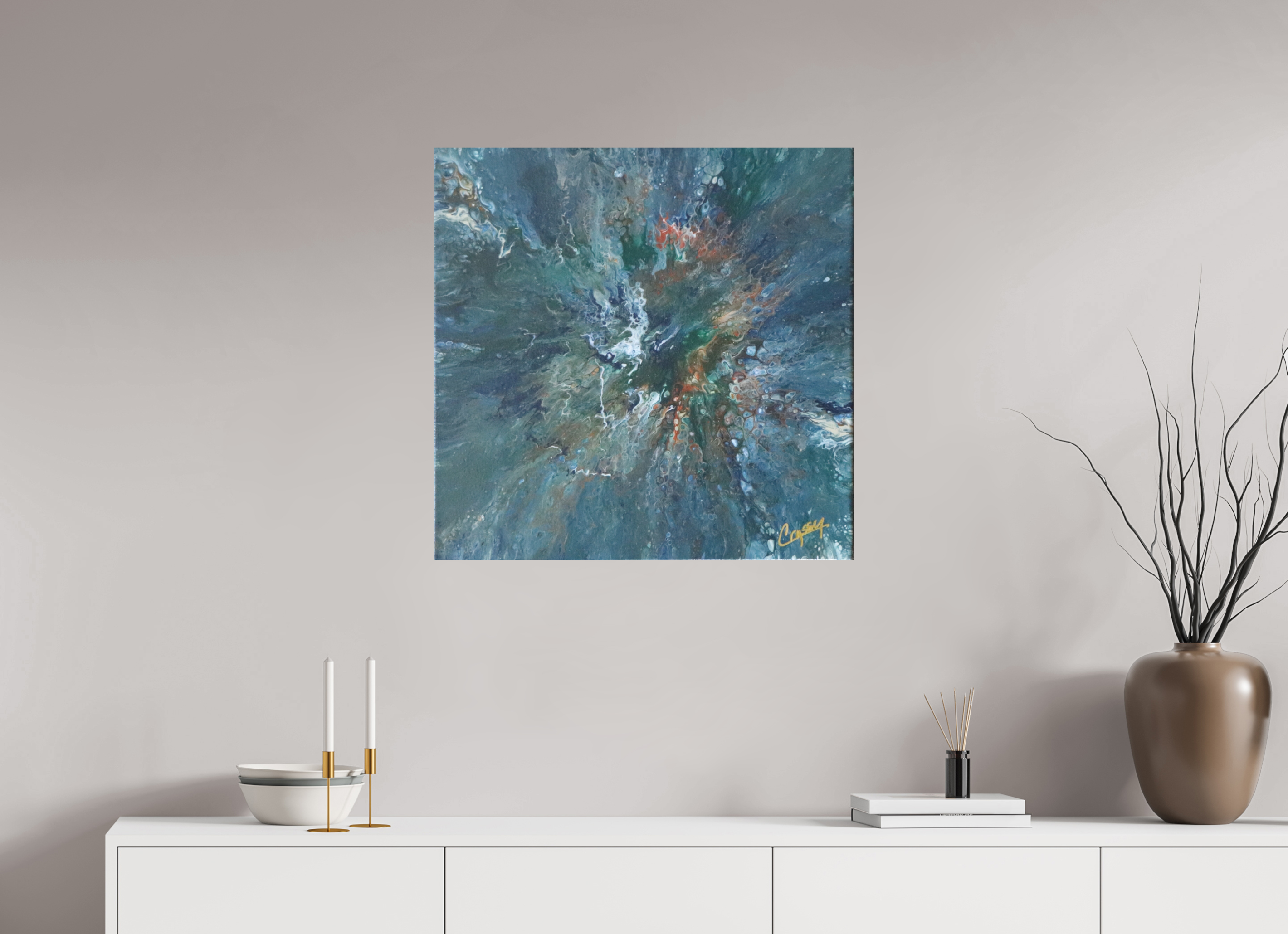 28.5 x 28″, *Photo Print on Fuji Silk Paper No Frame Teal Flux - Original Tilt Pour Painting