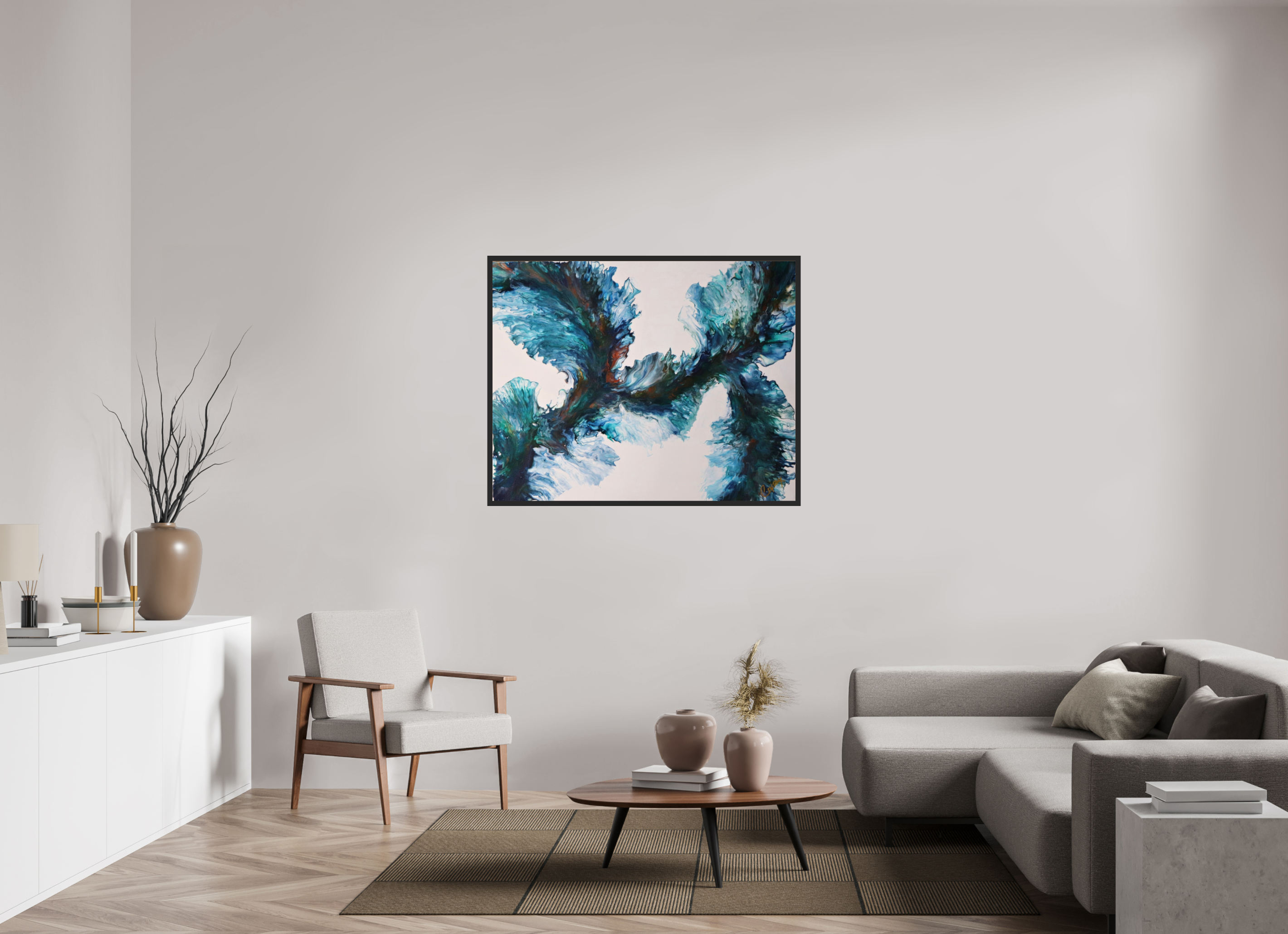 49.1 x 39″, *Photo Print Under Acrylic Glass Black Matte Frame River Blues - Original Dutch Pour Painting