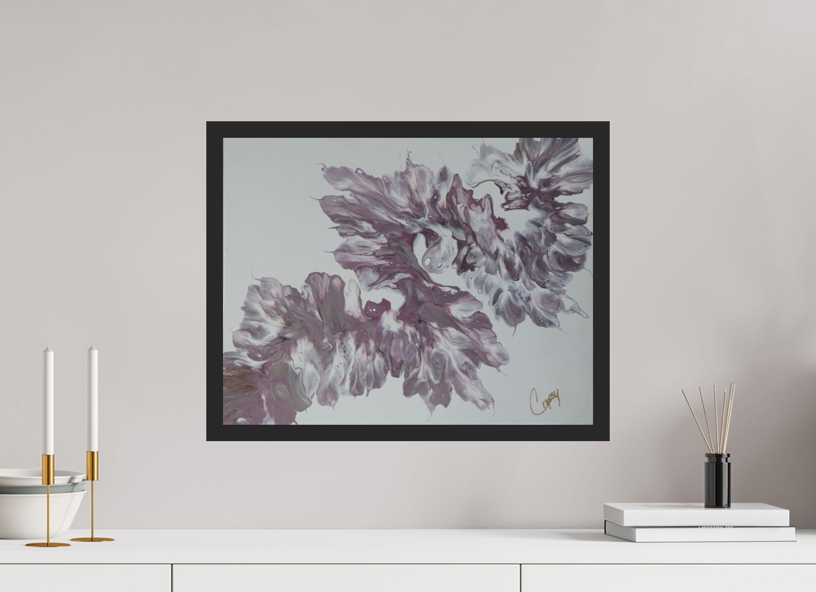 20.4 x 16″, *Photo Print Under Acrylic Glass Black Matte Frame Pink Dragon - Original Dutch Pour Painting