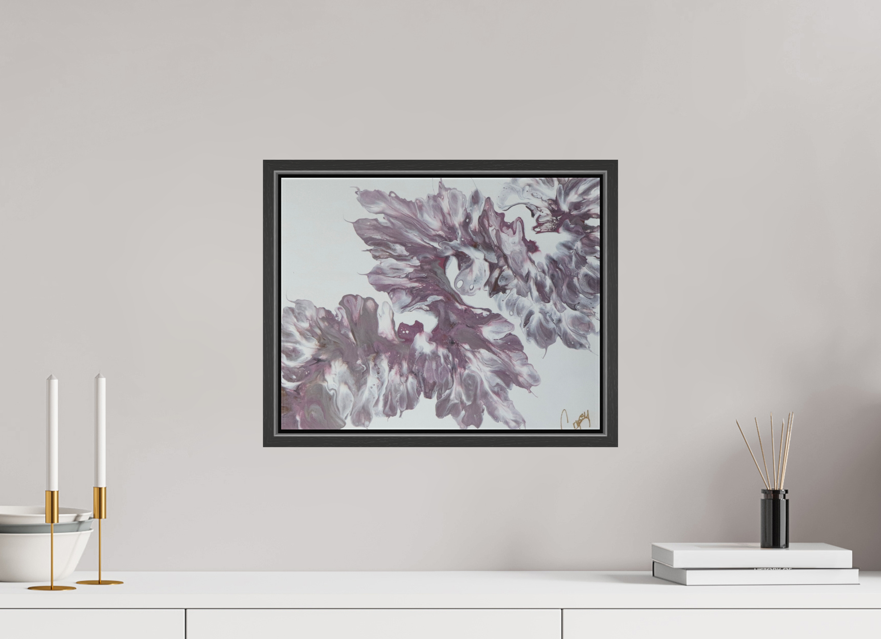 15.3 x 12″, *.7" Matte Canvas with Black Oak Frame Pink Dragon - Original Dutch Pour Painting