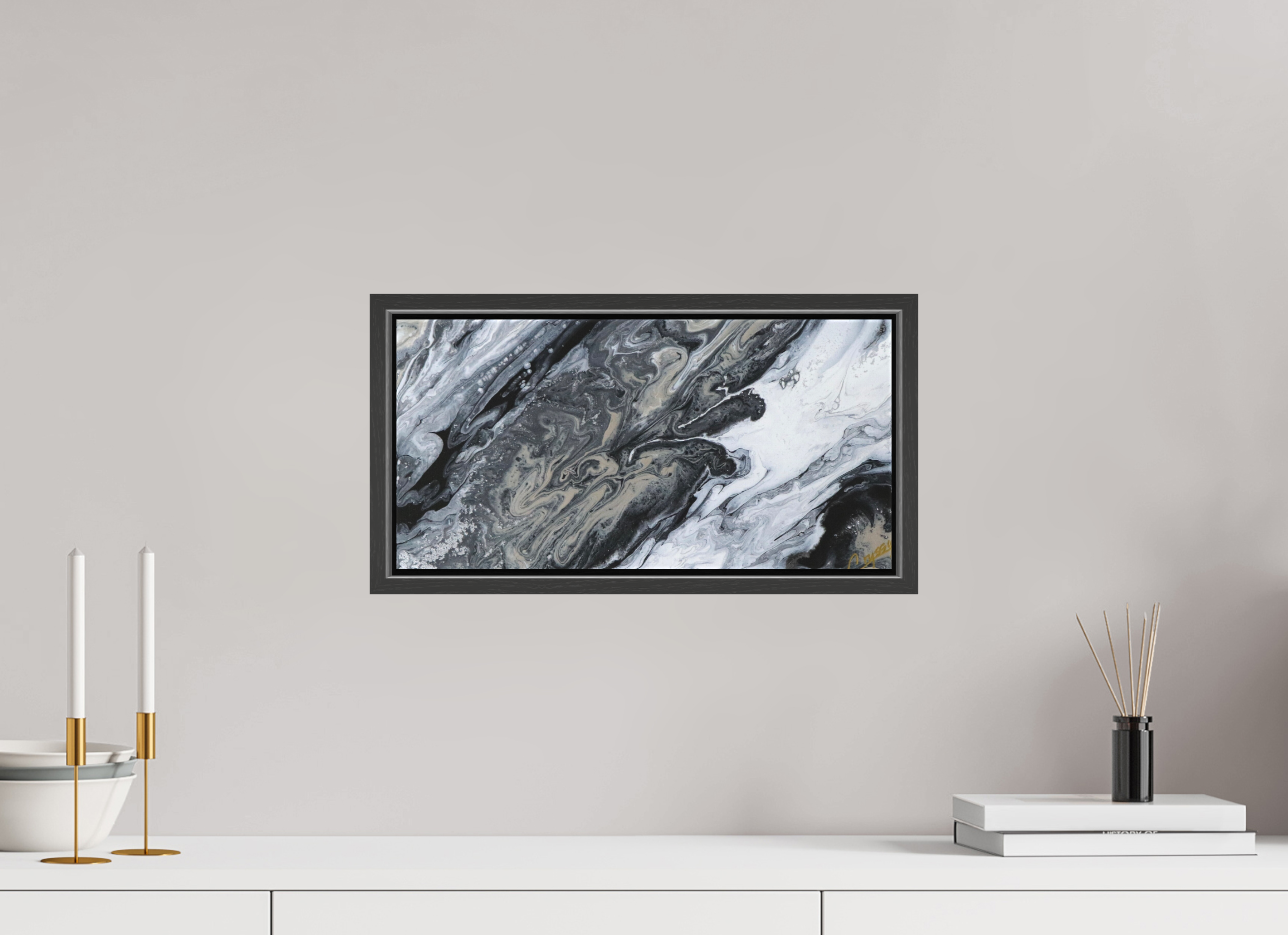 16.3 x 8″, *.7" Matte Canvas with Black Oak Frame Black Sands - Original Tilt Pour