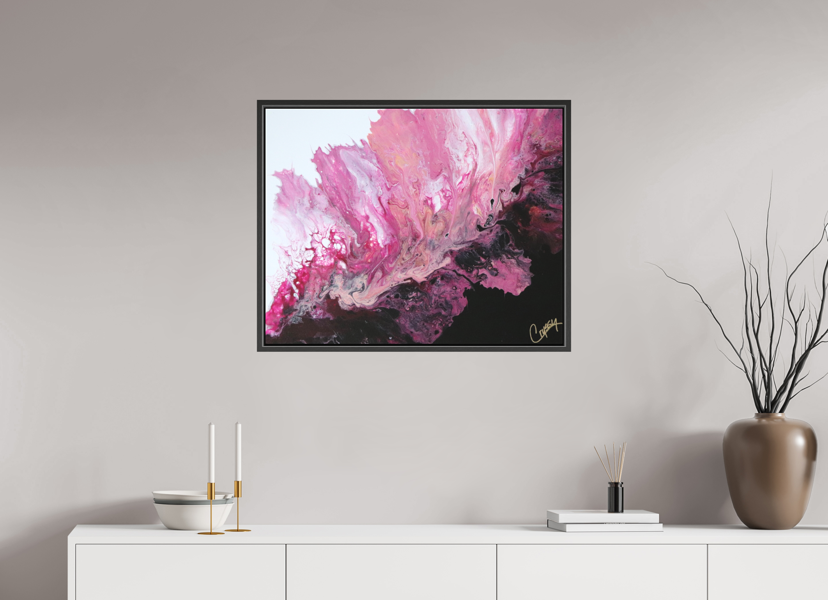 30.4 x 24″, *.7" Matte Canvas with Black Oak Frame Pink Magma - Original Dutch Pour