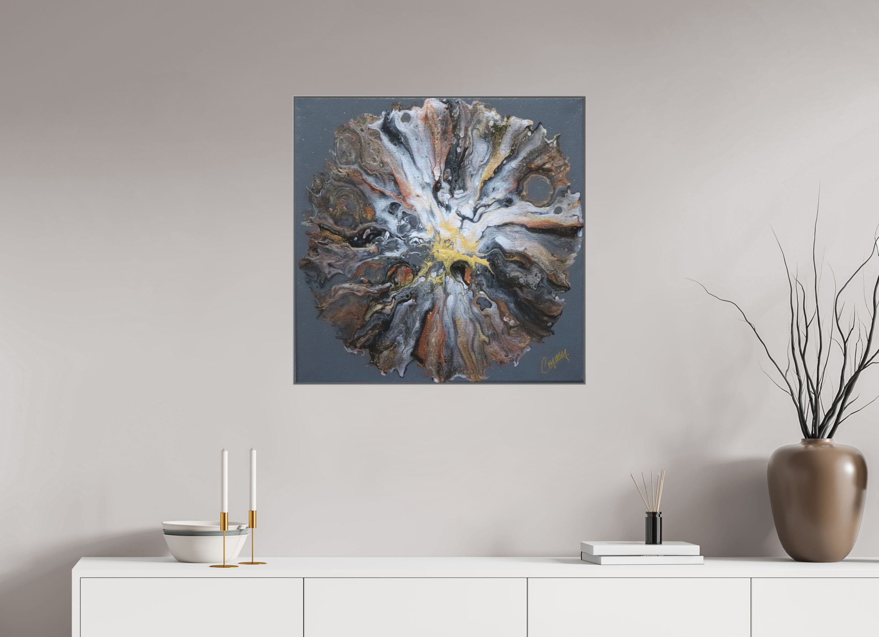 28.3 x 28″, *Aluminum Artbox 1" on fine art paper under acrylic matte glass copper Bloom