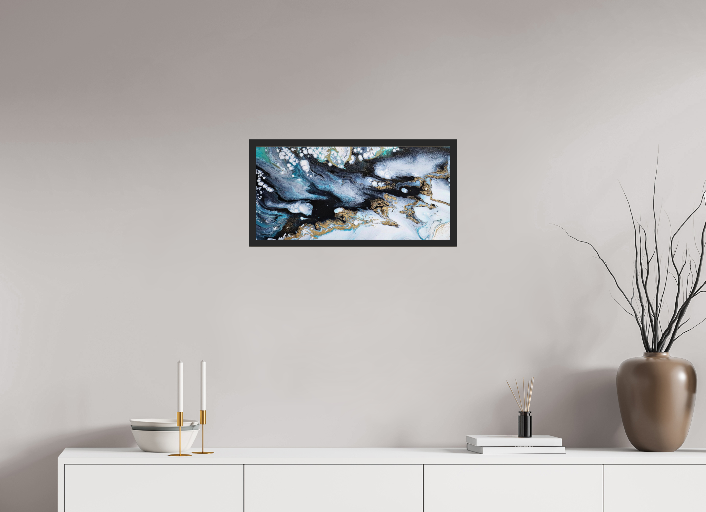 24.3 x 12″, *Photo Print Under Acrylic Glass Black Matte Frame Ocean Blues - Original Acrylic Tip Pour