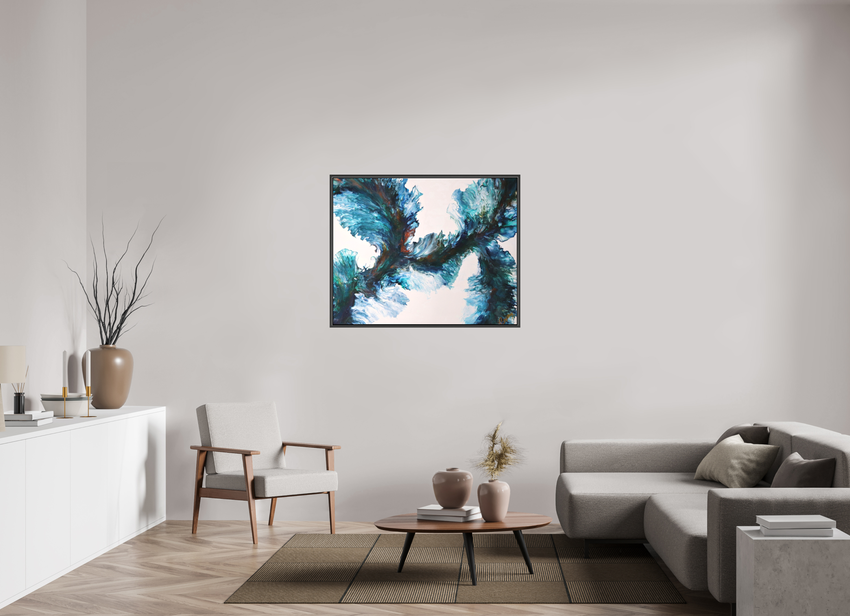 44.1 x 35″, *.7" Matte Canvas with Black Oak Frame River Blues - Original Dutch Pour Painting