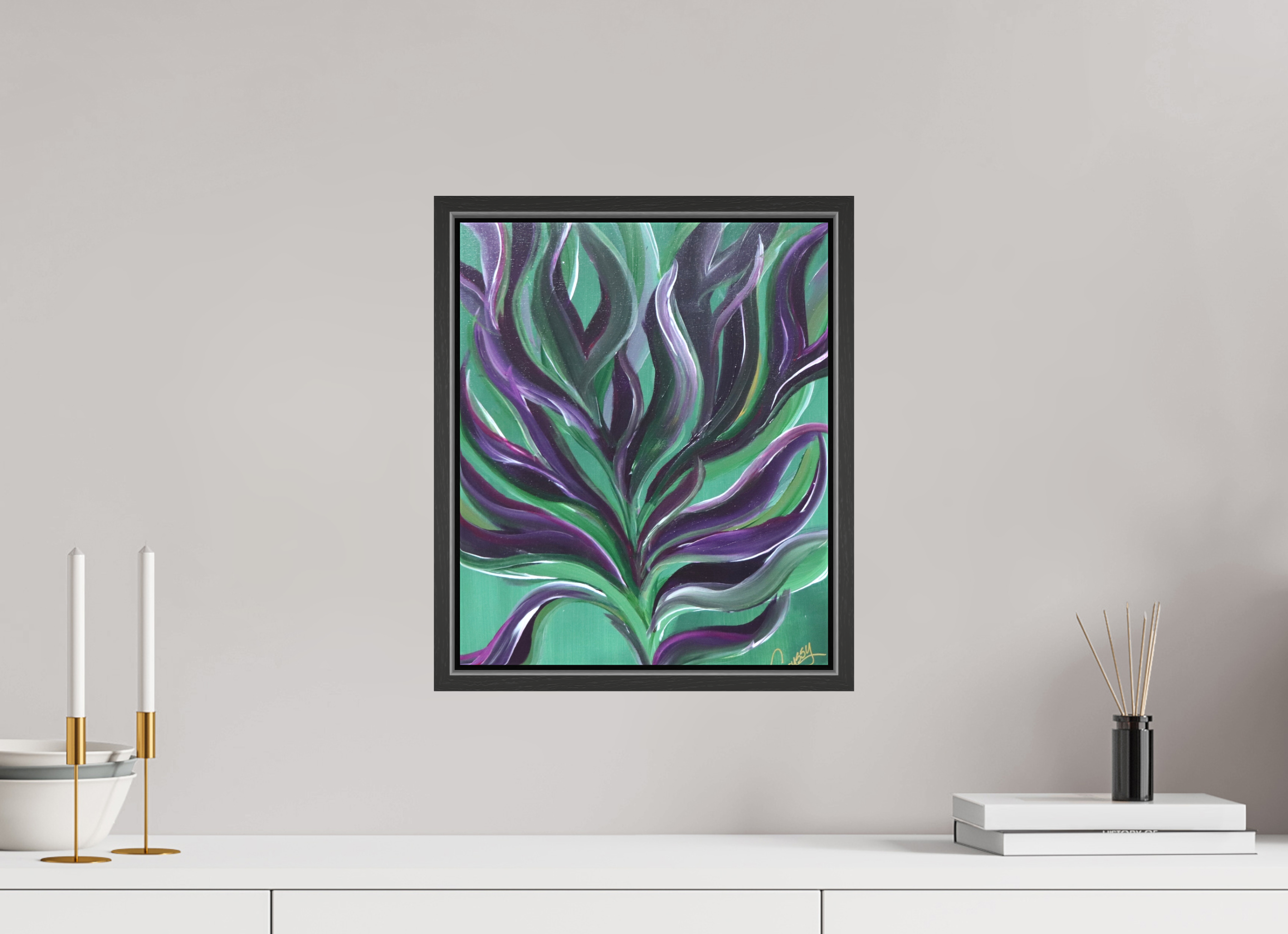 12 x 14.5″, *.7" Matte Canvas with Black Oak Frame Large Botanical - Original Abstract Acrylic Painting