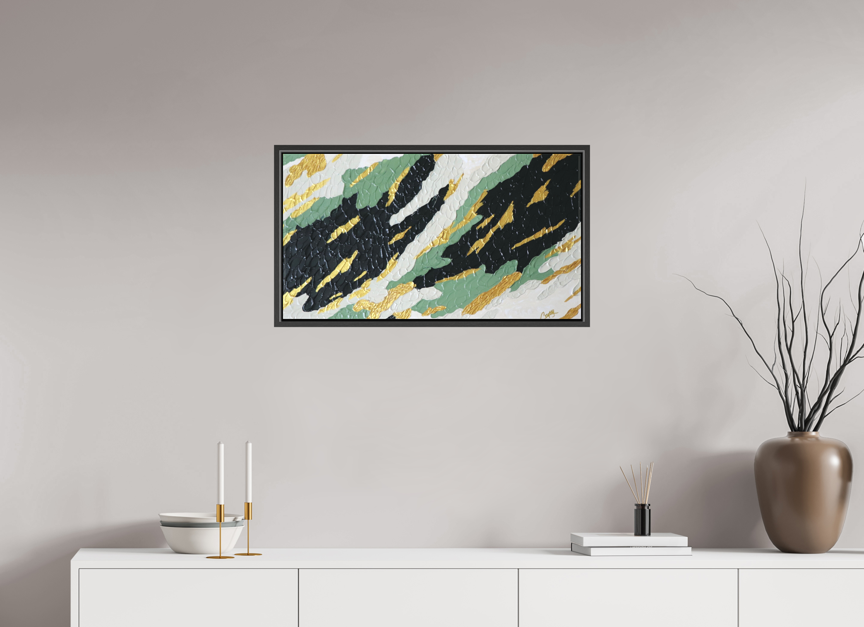 29.3 x 16″, *.7" Matte Canvas with Black Oak Frame Gilded Forest - Textured Acrylic Art
