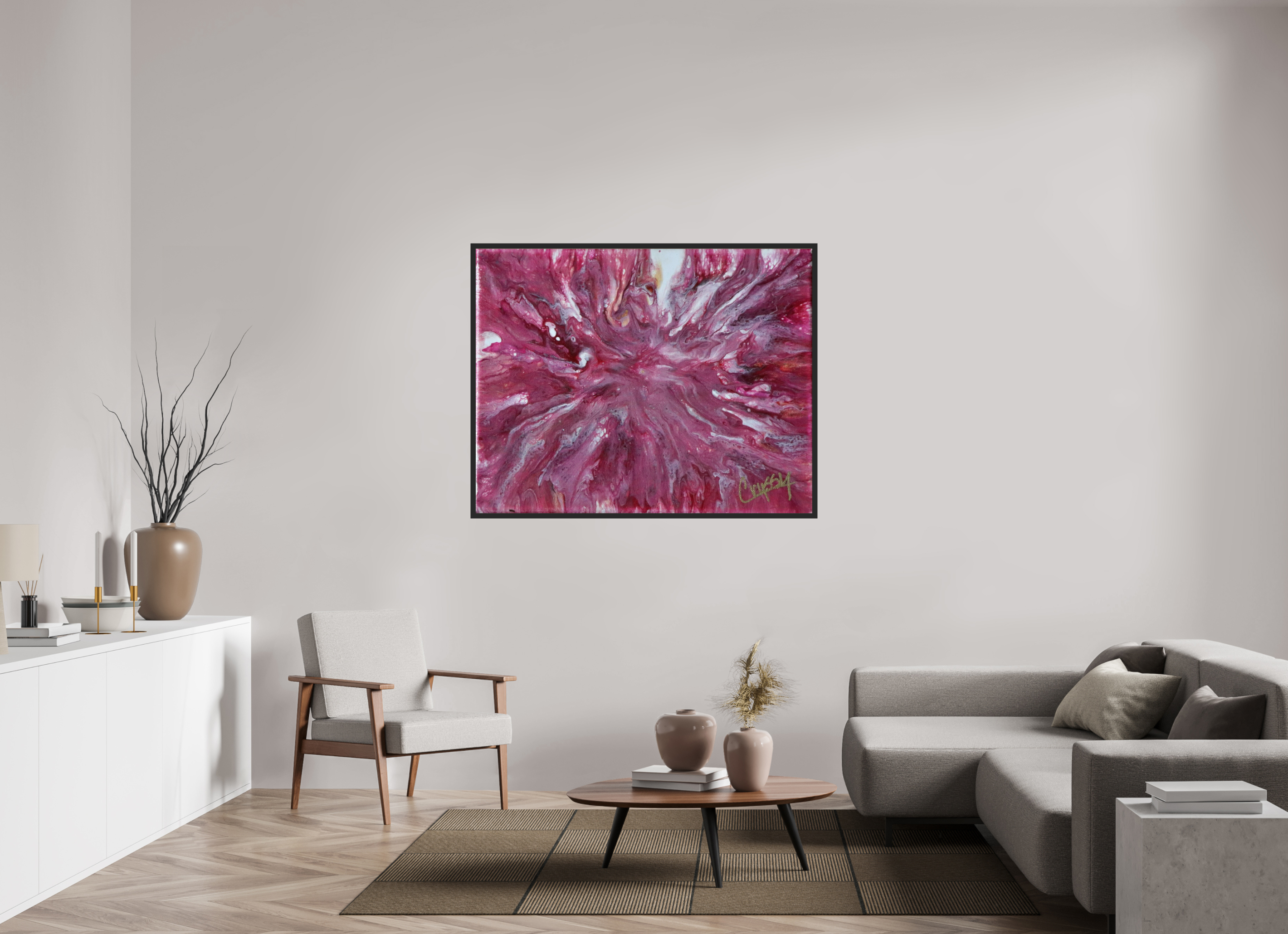 54.4 x 43″, *Photo Print Under Acrylic Glass Black Matte Frame Pink Explosion - Original Dutch Pour Acrylic Painting