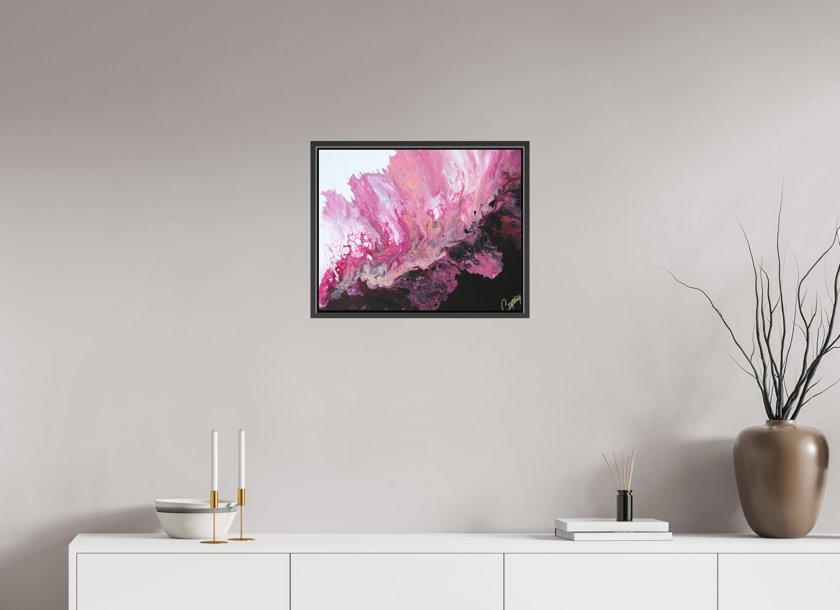 20.3 x 16″, *.7" Matte Canvas with Black Oak Frame Pink Magma - Original Dutch Pour
