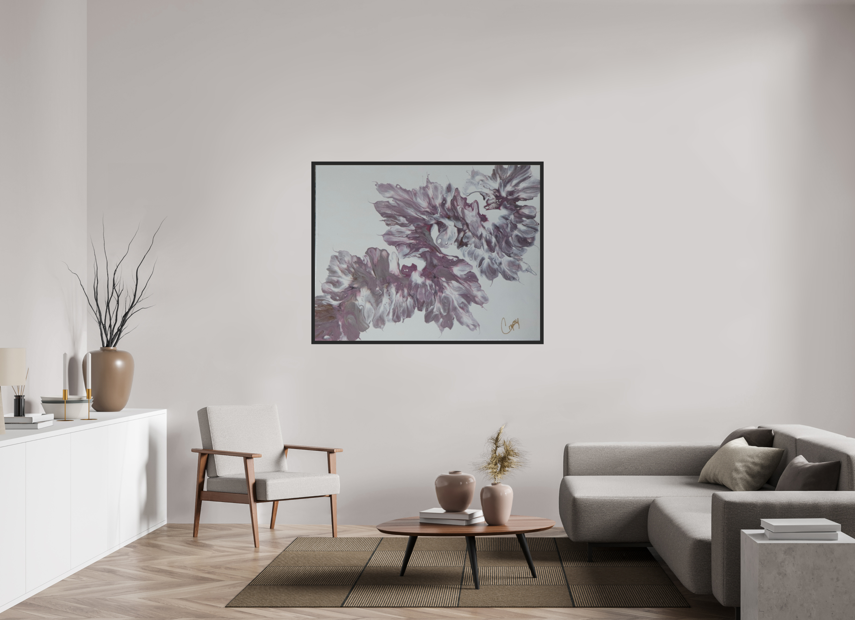 54.9 x 43″, *Photo Print Under Acrylic Glass Black Matte Frame Pink Dragon - Original Dutch Pour Painting