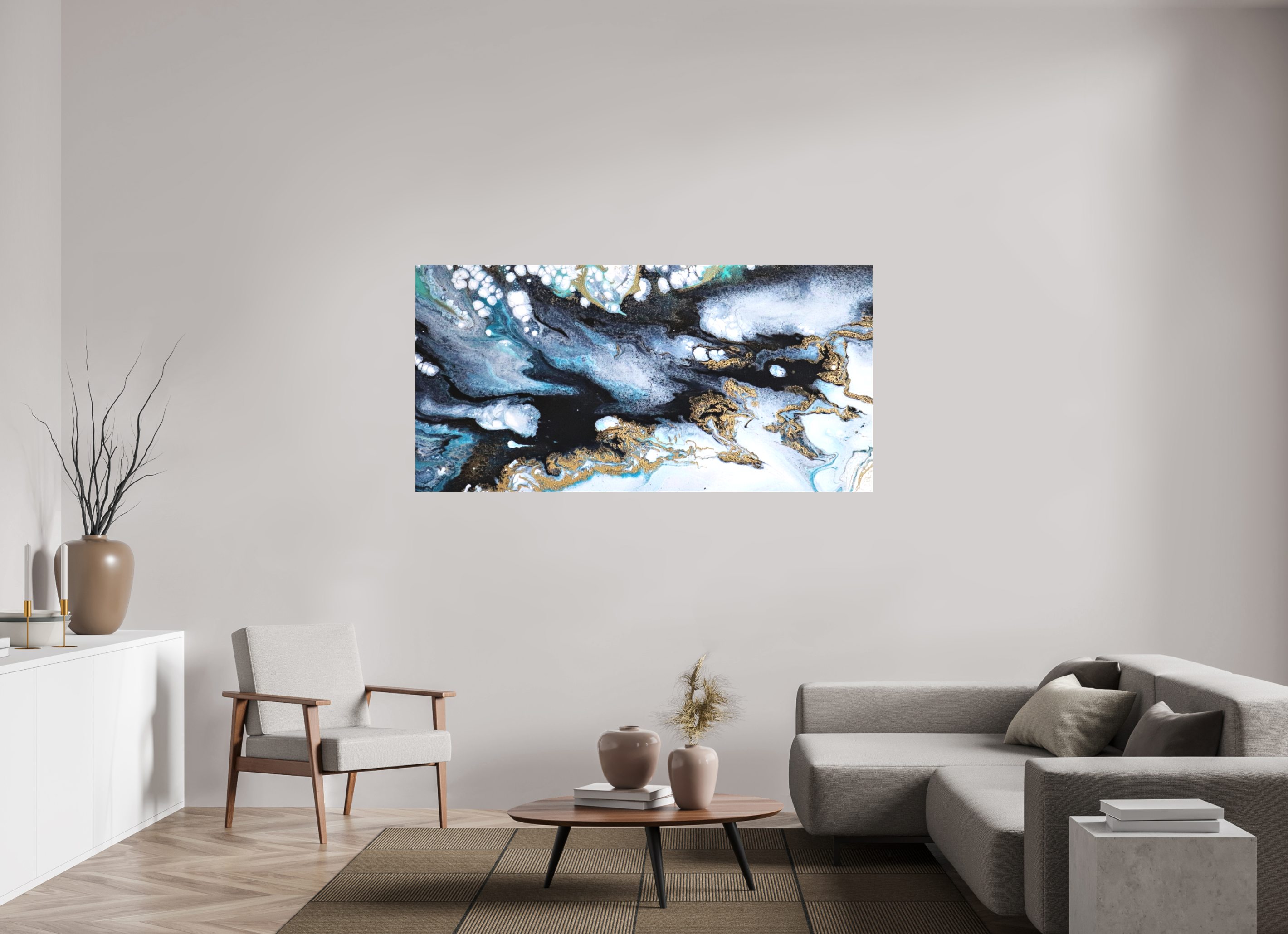 70.9 x 35″, *1.25" Matte Canvas No Frame Ocean Blues - Original Acrylic Tip Pour