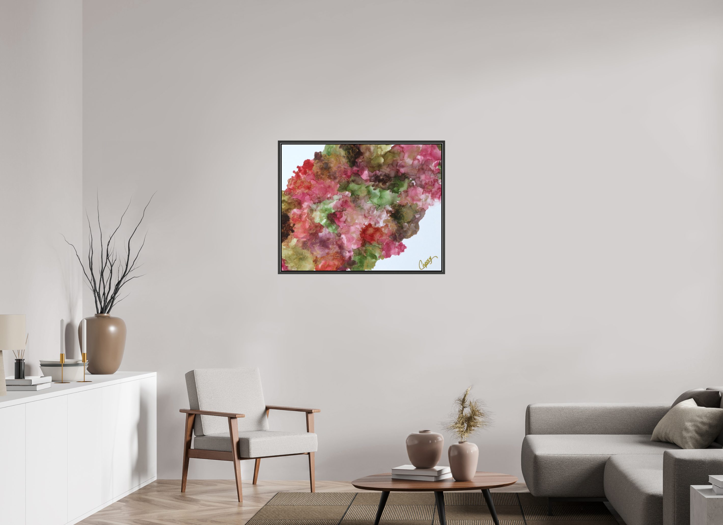 35.6 x 28″, *.7" Matte Canvas with Black Oak Frame Floral Density