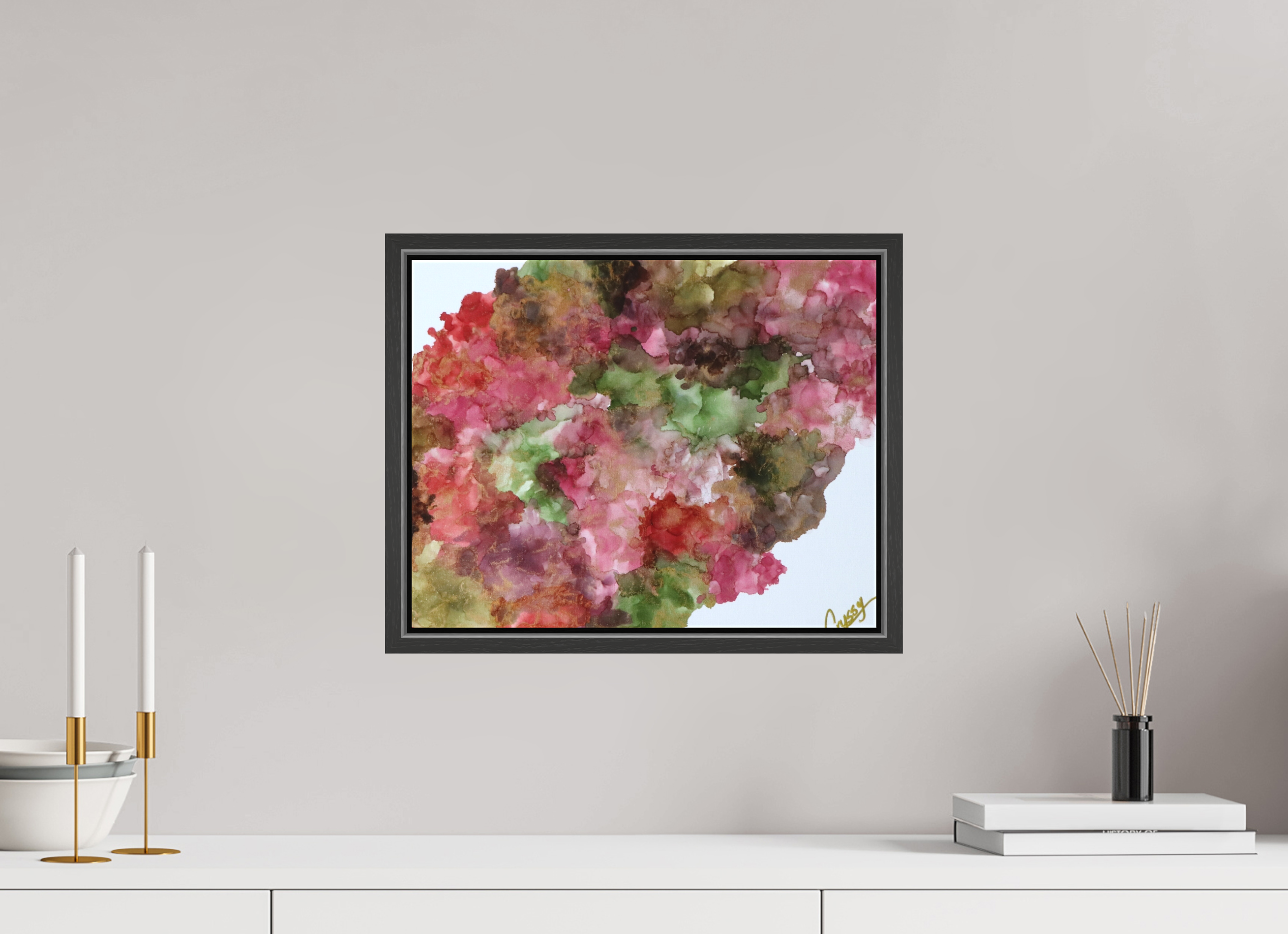 15.3 x 12″, *.7" Matte Canvas with Black Oak Frame Floral Density