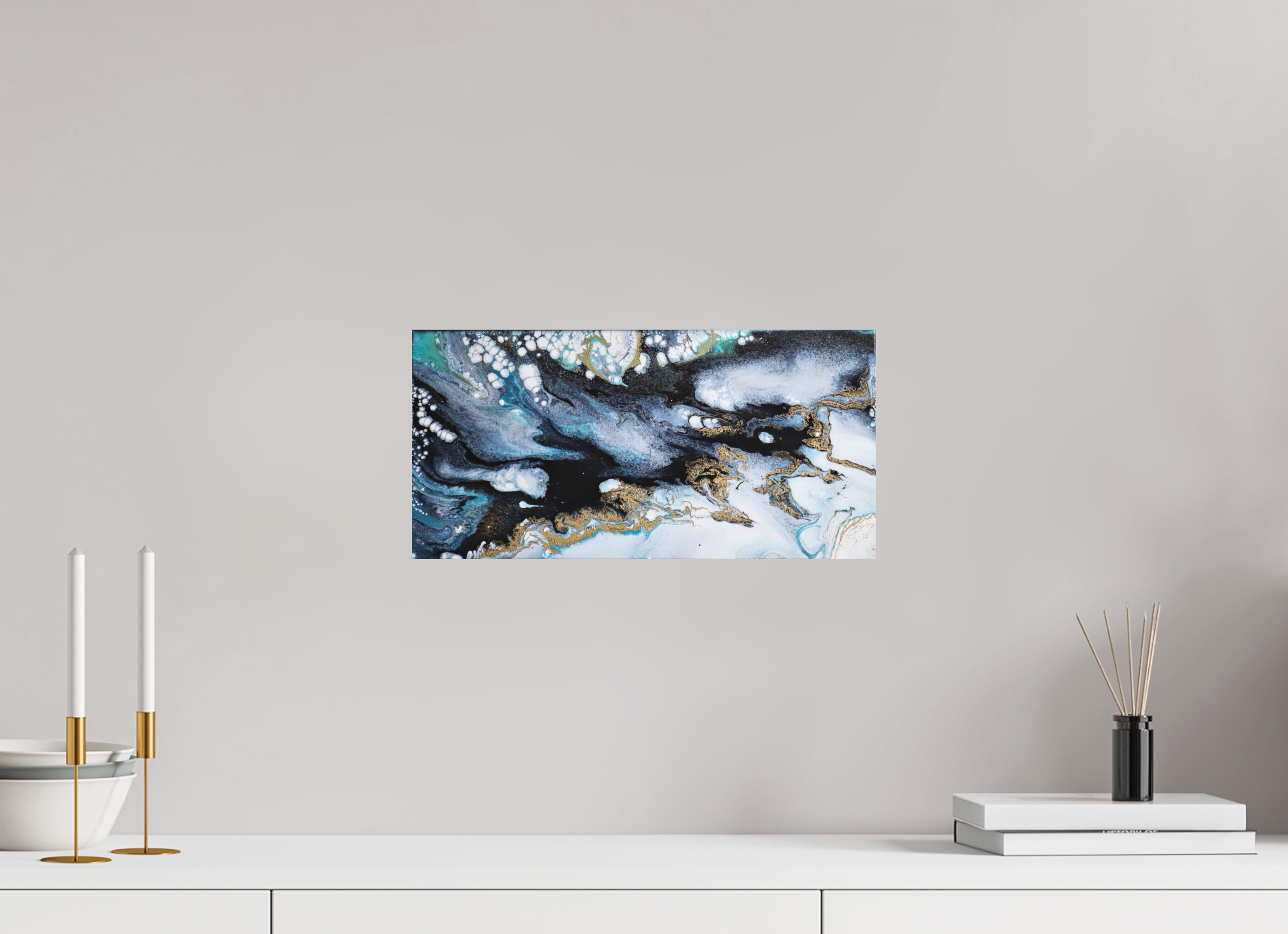 16.2 x 8″, *Photo Print on Fuji Silk Paper No Frame Ocean Blues - Original Acrylic Tip Pour