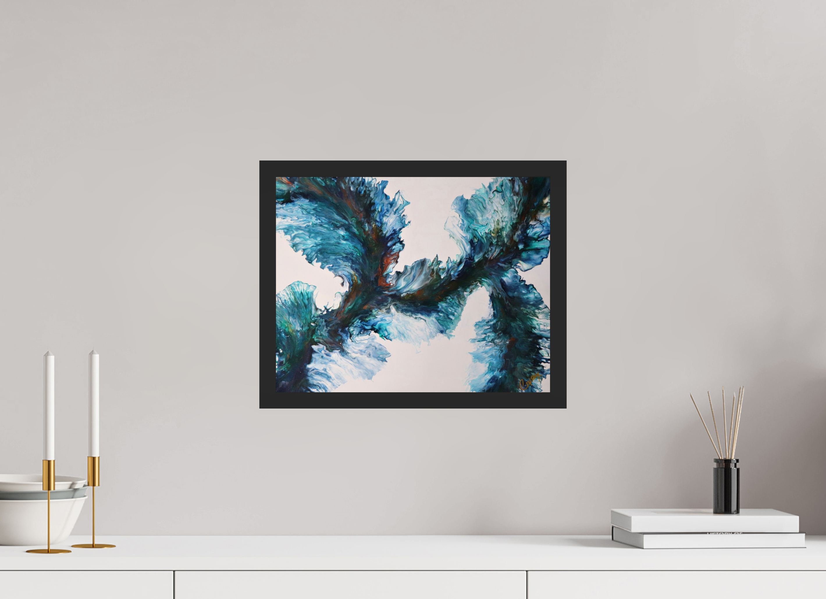 15.1 x 12″, *Photo Print Under Acrylic Glass Black Matte Frame River Blues - Original Dutch Pour Painting