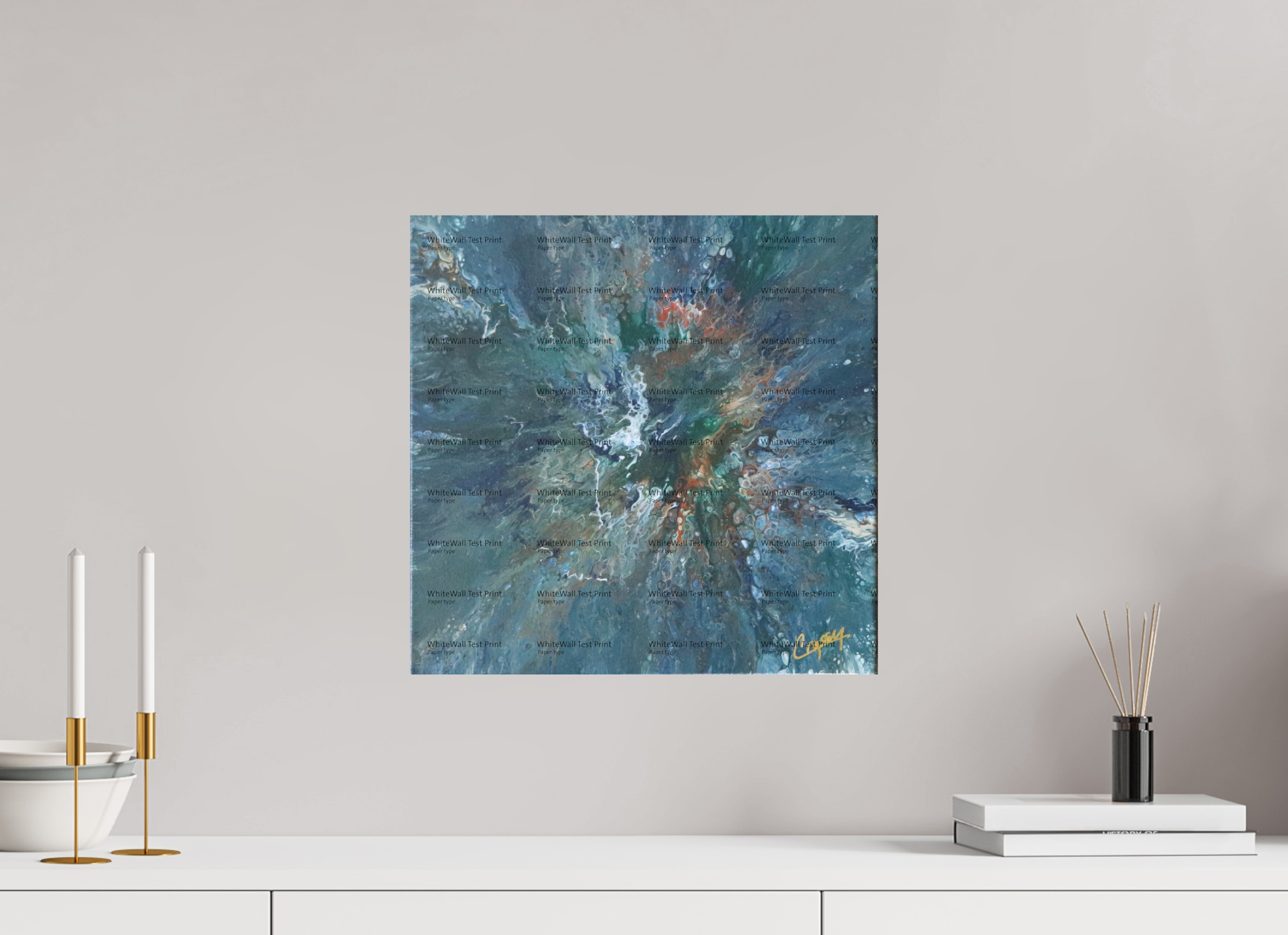 16.3 x 16″, *SAMPLE Photo Print on Fuji Silk Paper no frame Teal Flux - Original Tilt Pour Painting