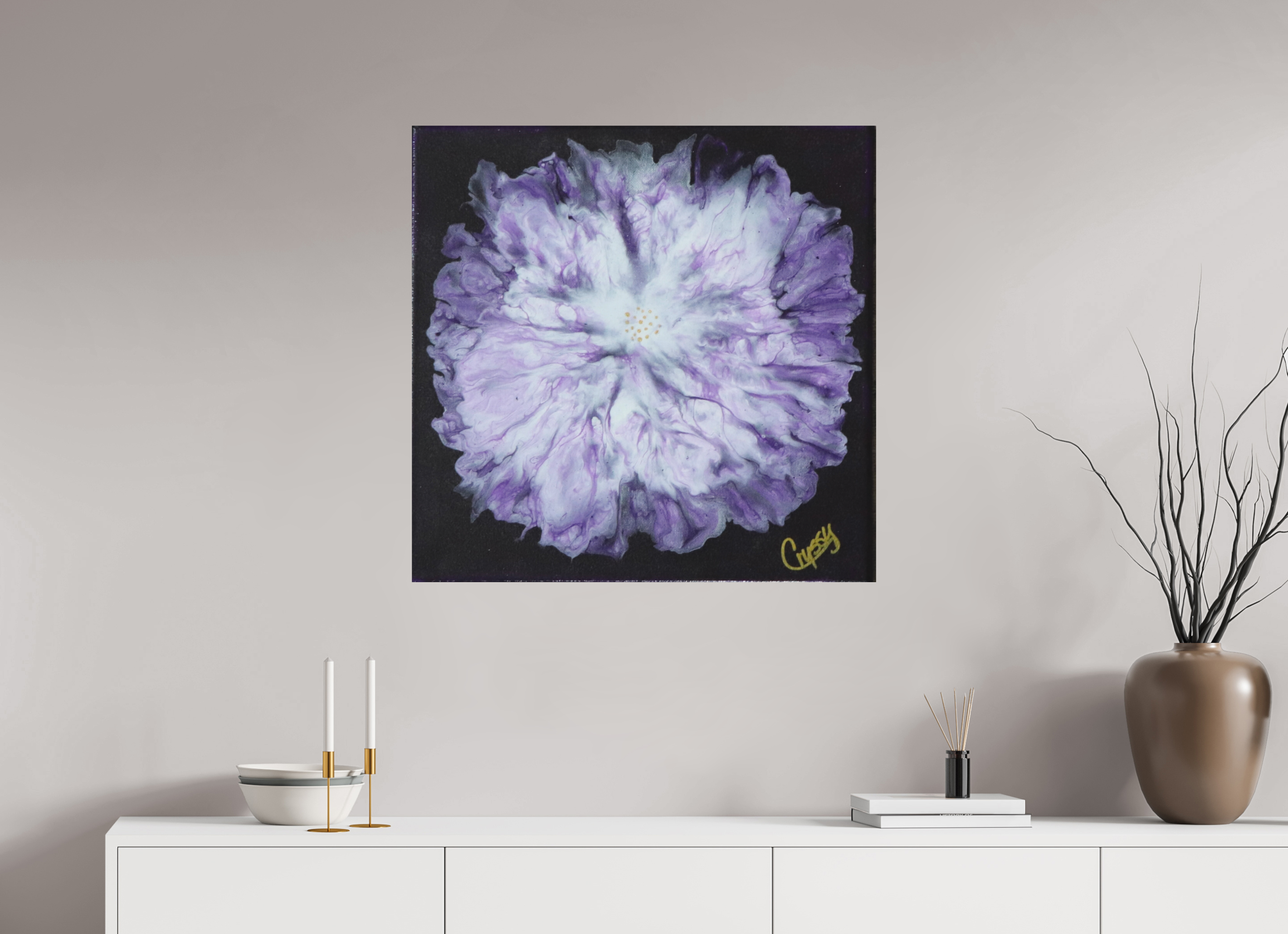 31.5 x 31″, *Photo Print on Fuji Silk with Black Frame Purple Paisley - Original Acrylic Dutch Pour Painting