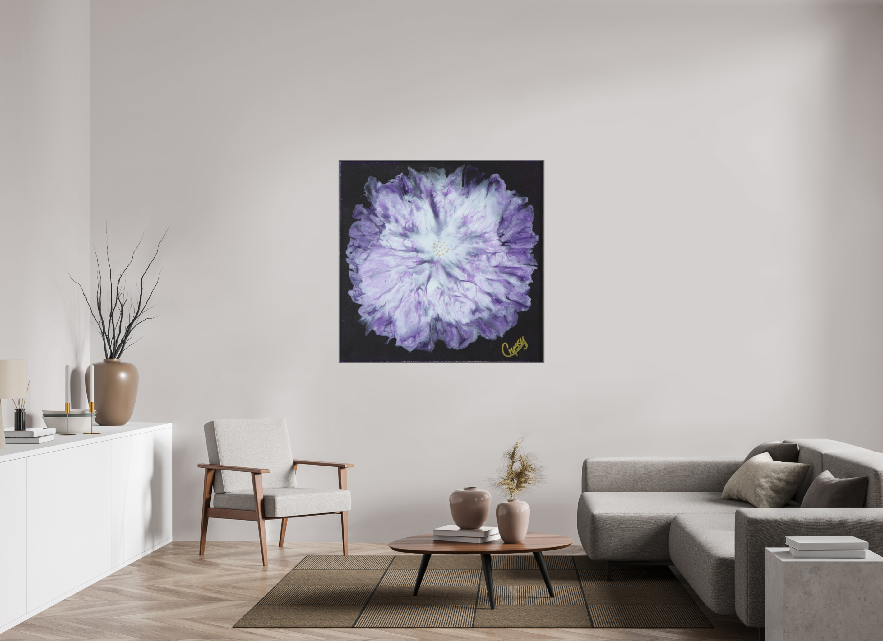 47.8 x 47″, *Aluminum Artbox 1" on fine art paper under acrylic matte glass Purple Paisley - Original Acrylic Dutch Pour Painting