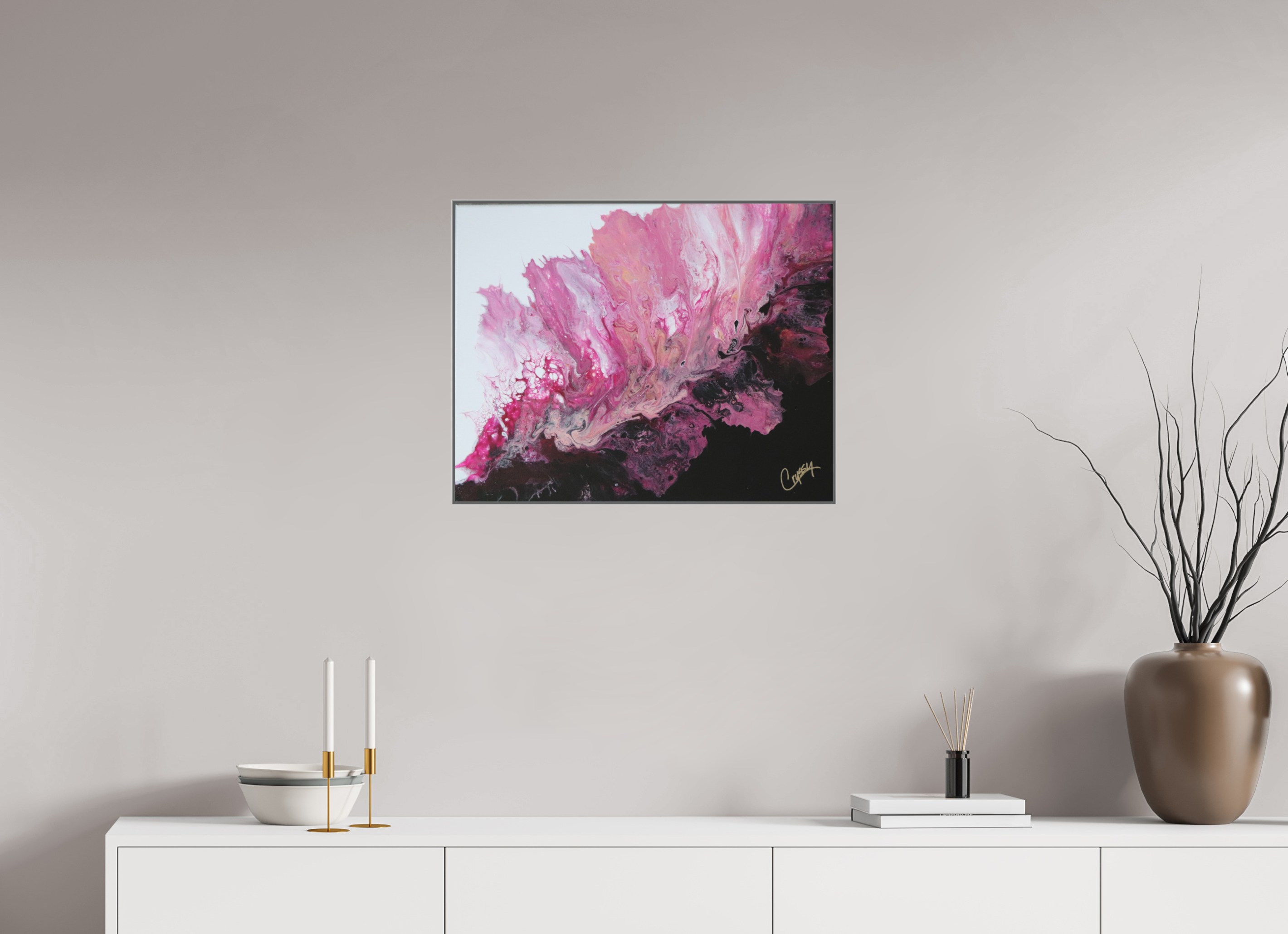 25.4 x 20″, *Aluminum Artbox 1" on fine art paper under acrylic matte glass Pink Magma - Original Dutch Pour