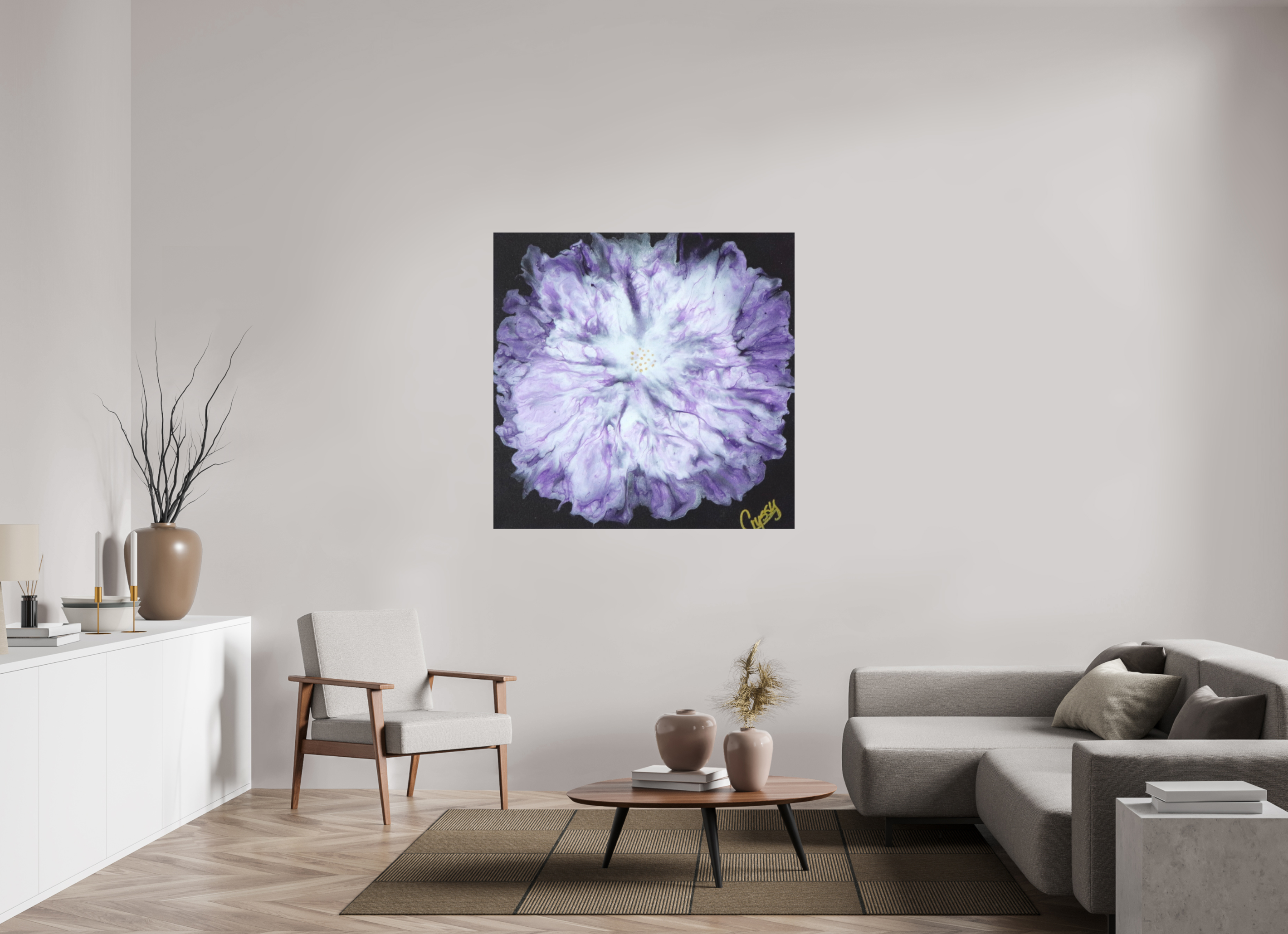 47.8 x 47″, *1.25" Matte Canvas No Frame Purple Paisley - Original Acrylic Dutch Pour Painting