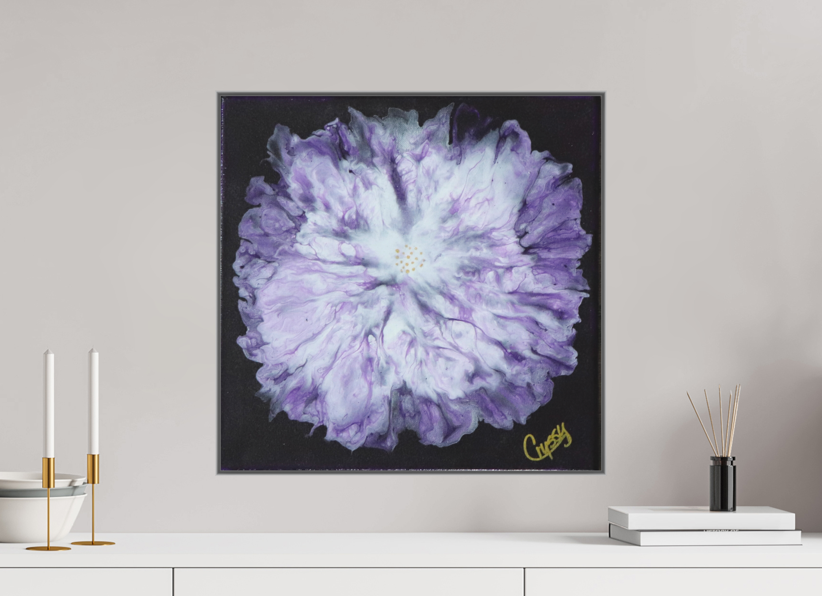 20.3 x 20″, *Aluminum Artbox 1" on fine art paper under acrylic matte glass Purple Paisley - Original Acrylic Dutch Pour Painting