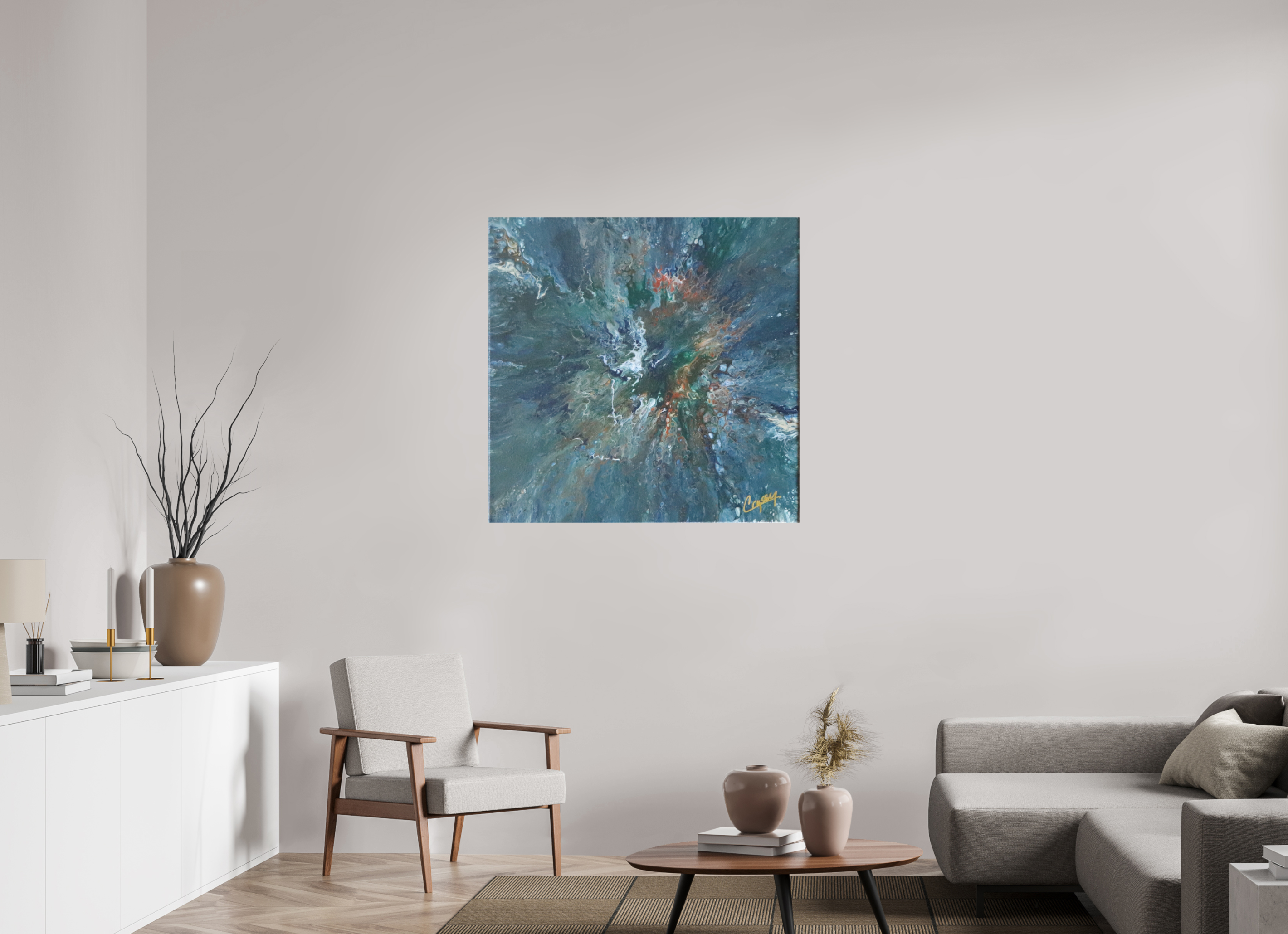 39.7 x 39″, *Photo Print on Fuji Silk Paper No Frame Teal Flux - Original Tilt Pour Painting