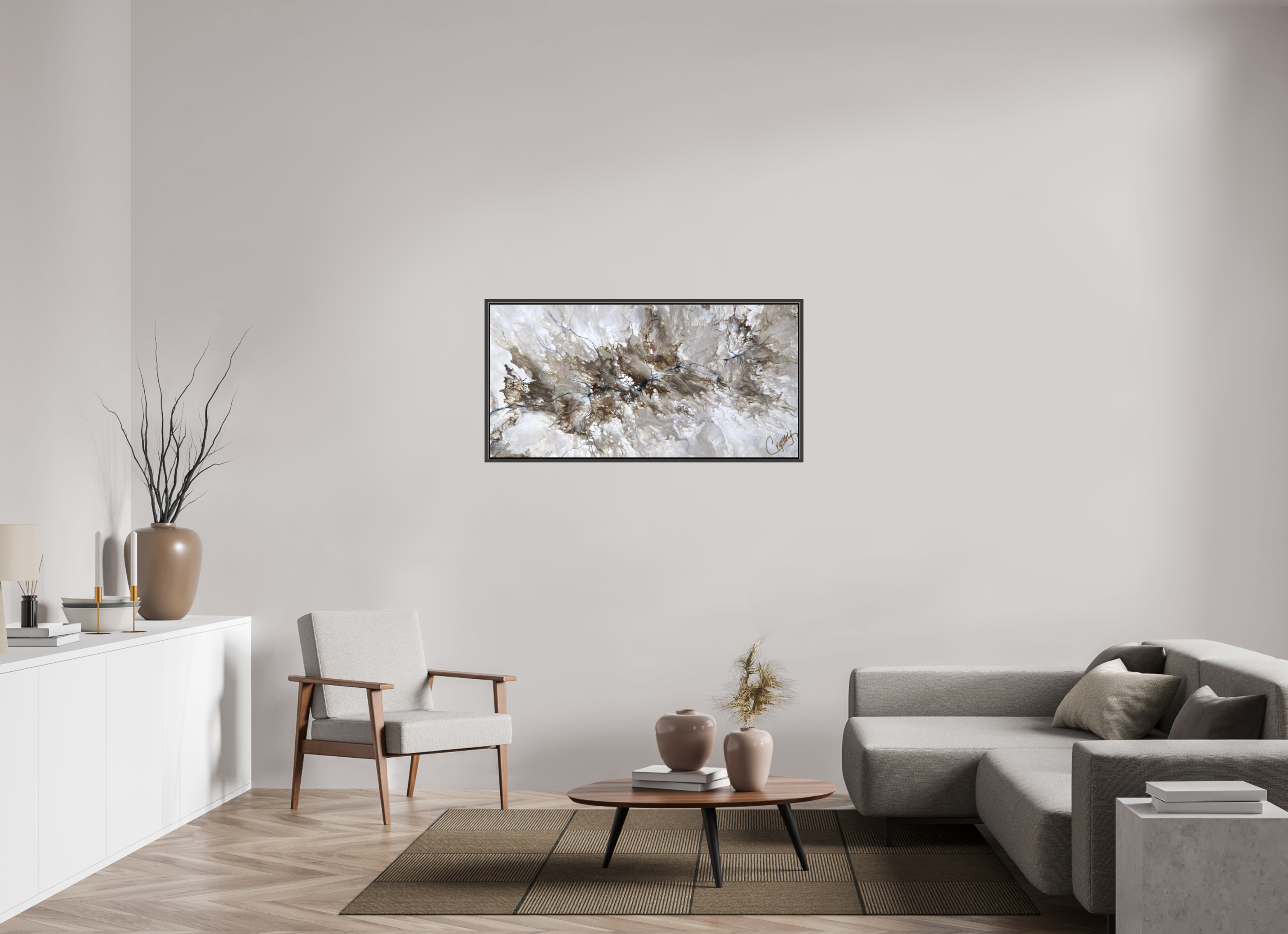 48.9 x 24″, *.7" Matte Canvas with Black Oak Frame Beige Marble - Original Dutch Pour