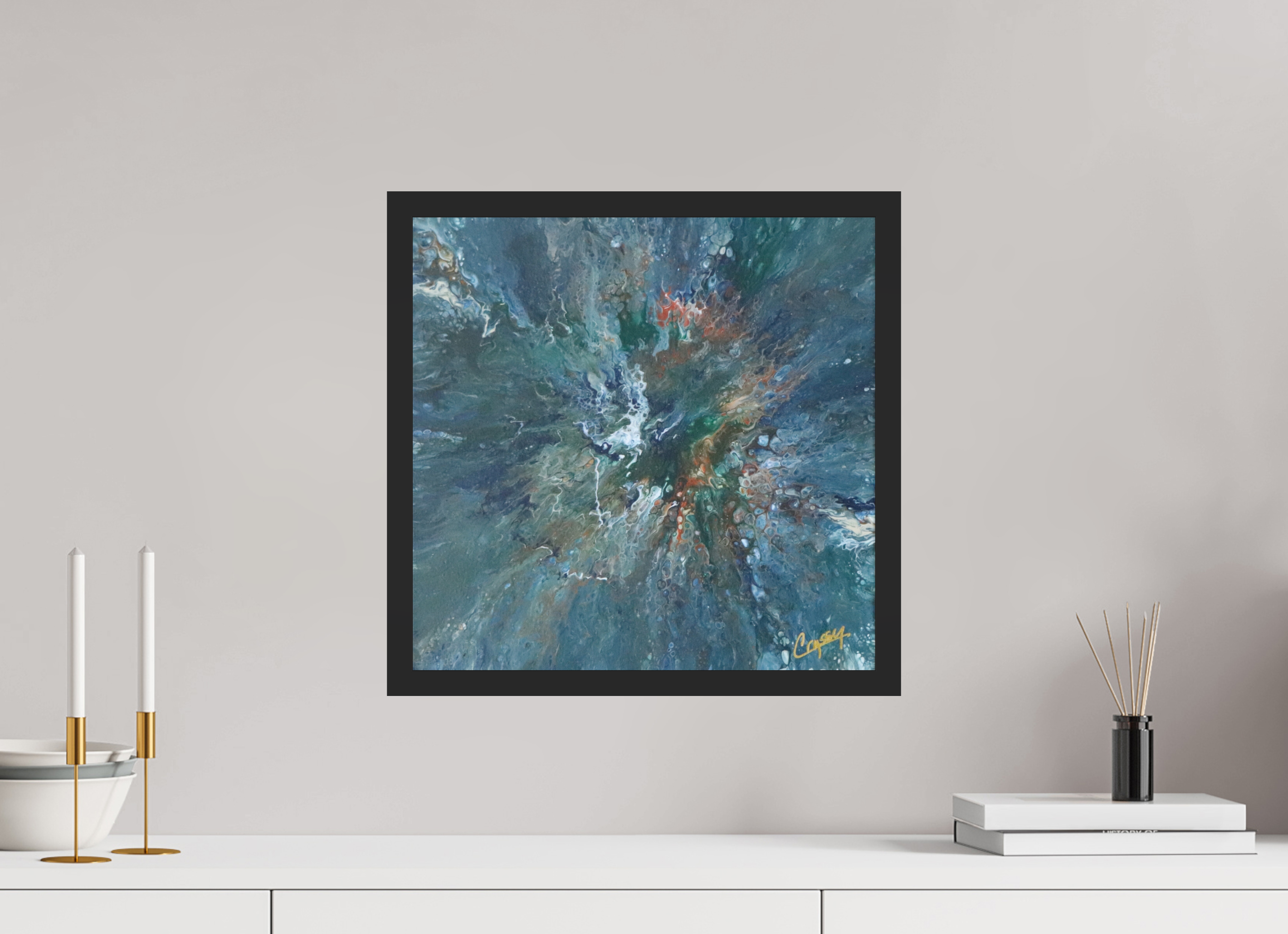16.3 x 16″, *Photo Print Under Acrylic Glass Black Matte Frame Teal Flux - Original Tilt Pour Painting