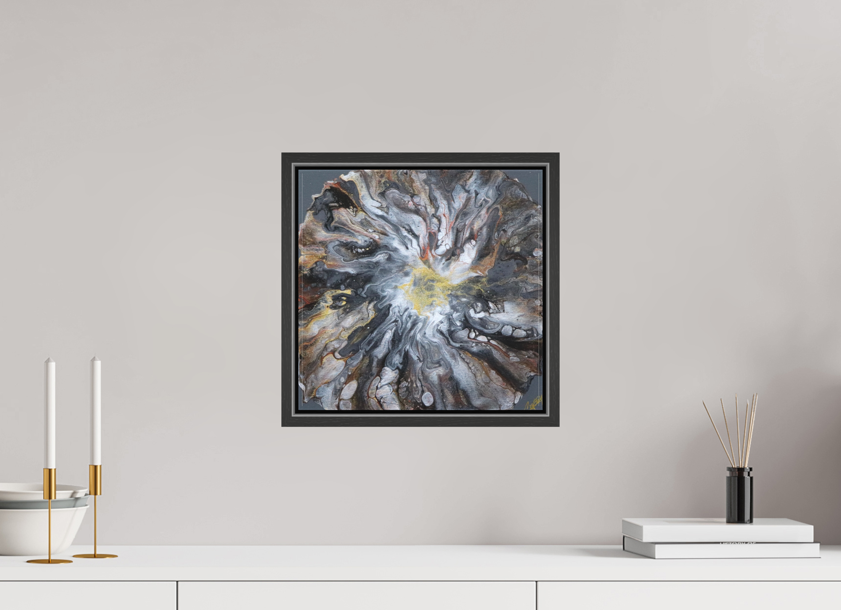 12.2 x 12″, *.7" Matte Canvas with Black Oak Frame Copper Bloom II