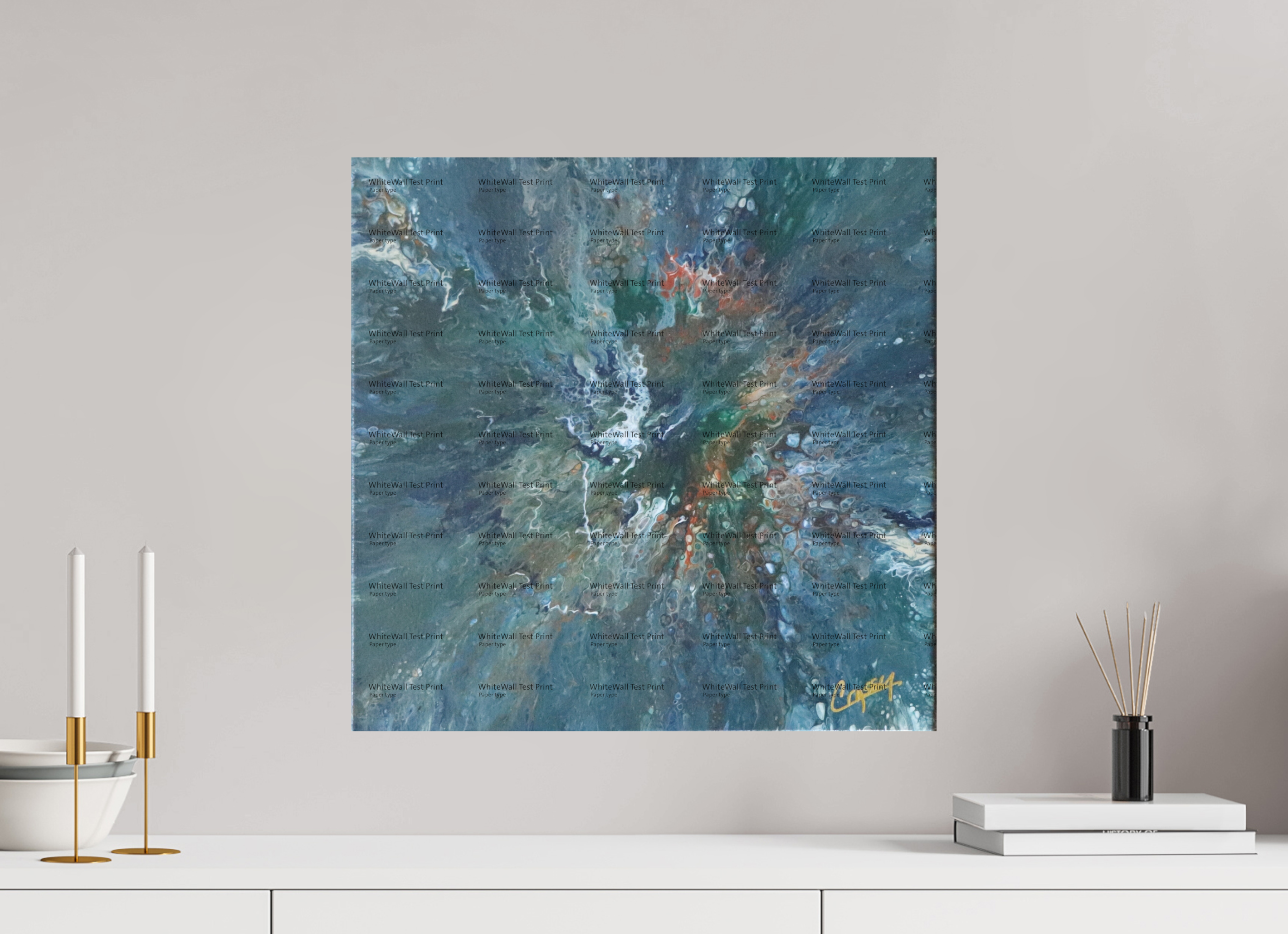 20.4 x 20″, *SAMPLE Photo Print on Fuji Silk Paper no frame Teal Flux - Original Tilt Pour Painting
