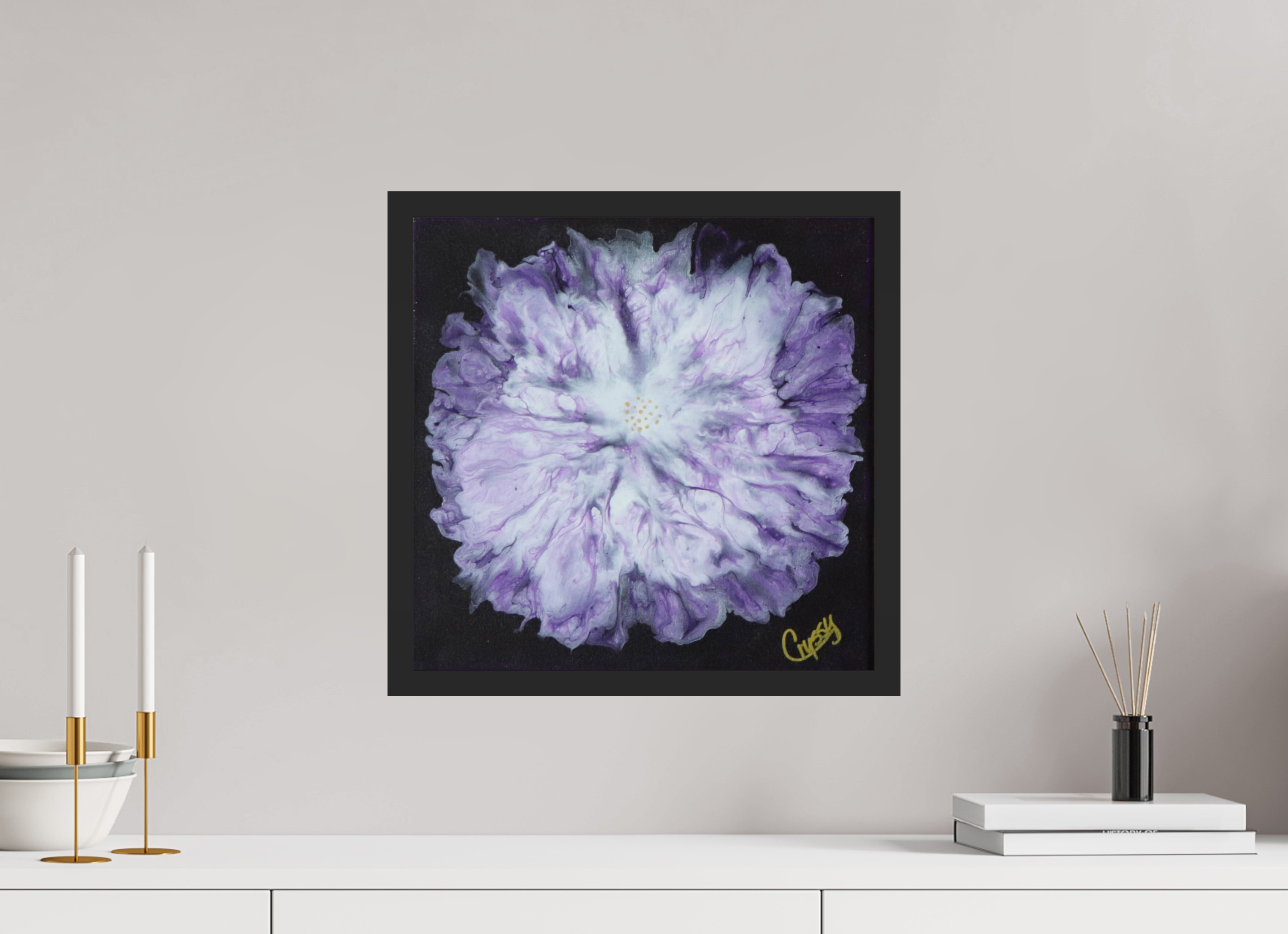 16.3 x 16″, *Photo Print Under Acrylic Glass Black Matte Frame Purple Paisley - Original Acrylic Dutch Pour Painting