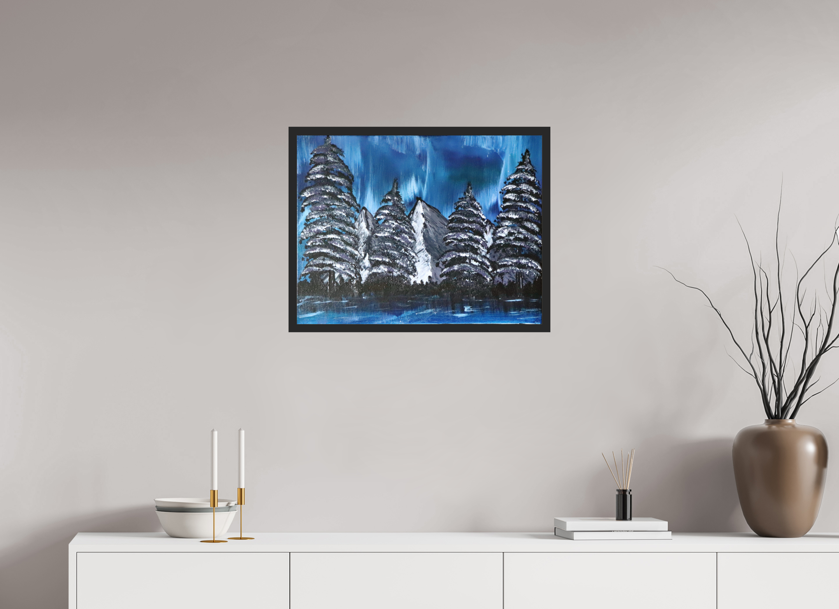 25.8 x 20″, *Photo Print Under Acrylic Glass Black Matte Frame Blue Borealis - Original Acrylic Landscape Painting