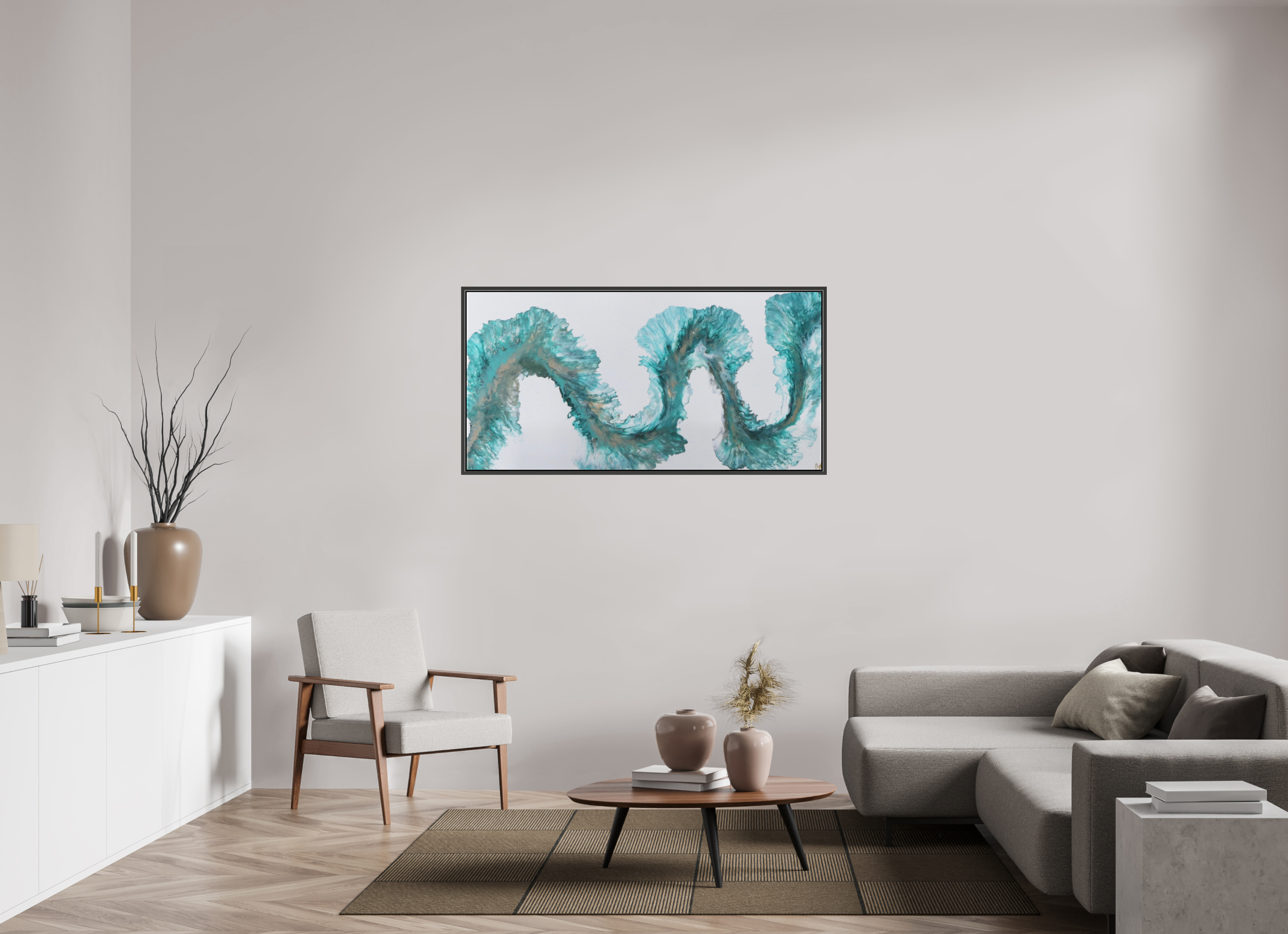 56.3 x 28″, *.7" Matte Canvas with Black Oak Frame Tidal Reviere