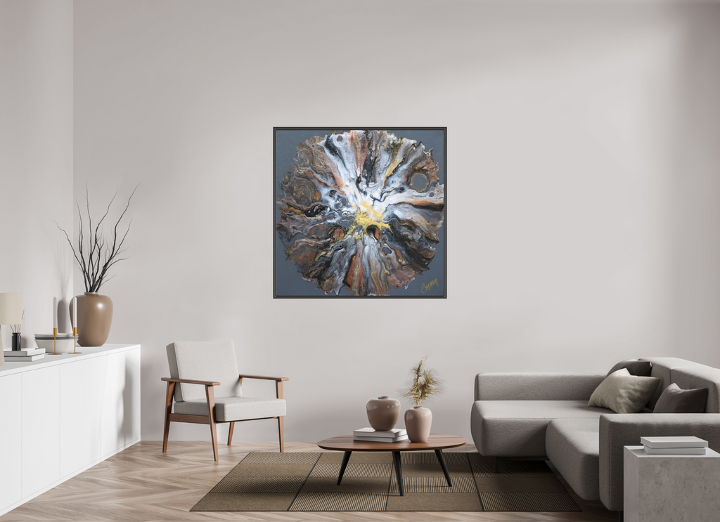 47.6 x 47″, *.7" Matte Canvas with Black Oak Frame copper Bloom