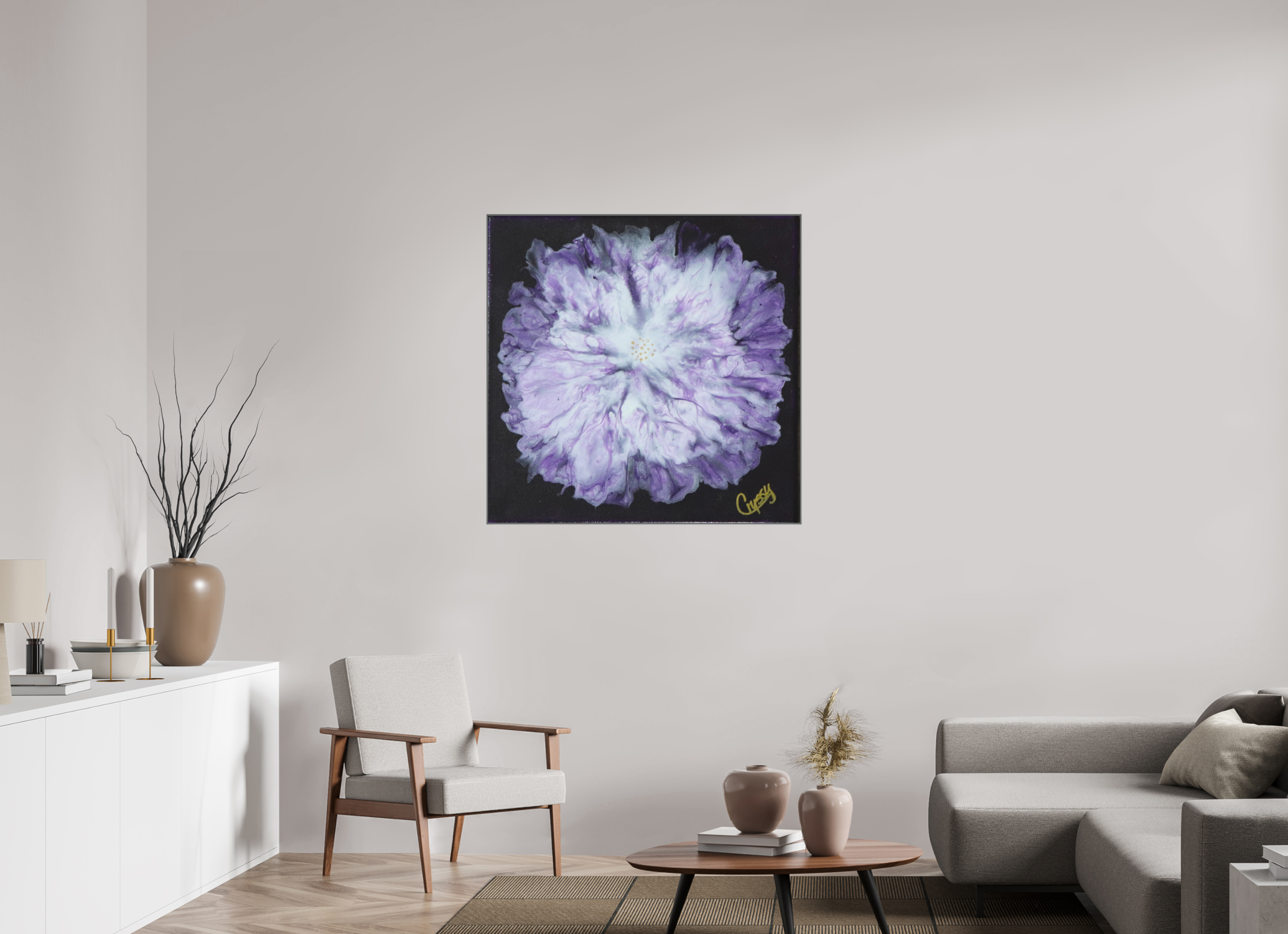 39.6 x 39″, *Aluminum Artbox 1" on fine art paper under acrylic matte glass Purple Paisley - Original Acrylic Dutch Pour Painting