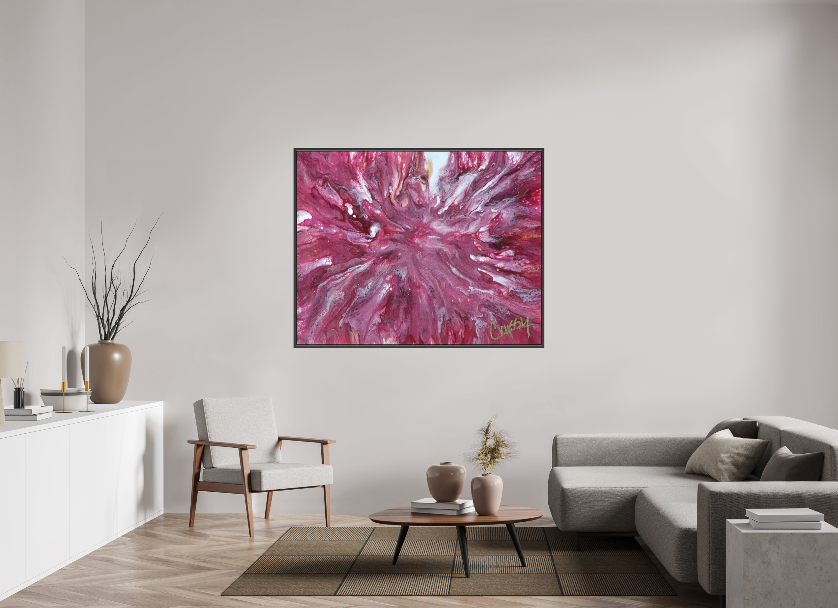 59.5 x 47″, *.7" Matte Canvas with Black Oak Frame Pink Explosion - Original Dutch Pour Acrylic Painting