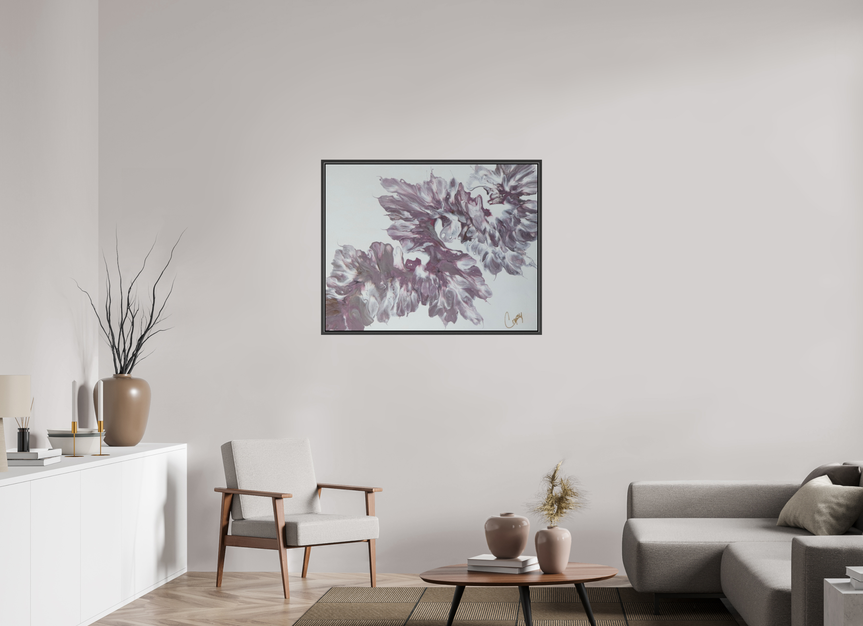39.6 x 31″, *.7" Matte Canvas with Black Oak Frame Pink Dragon - Original Dutch Pour Painting