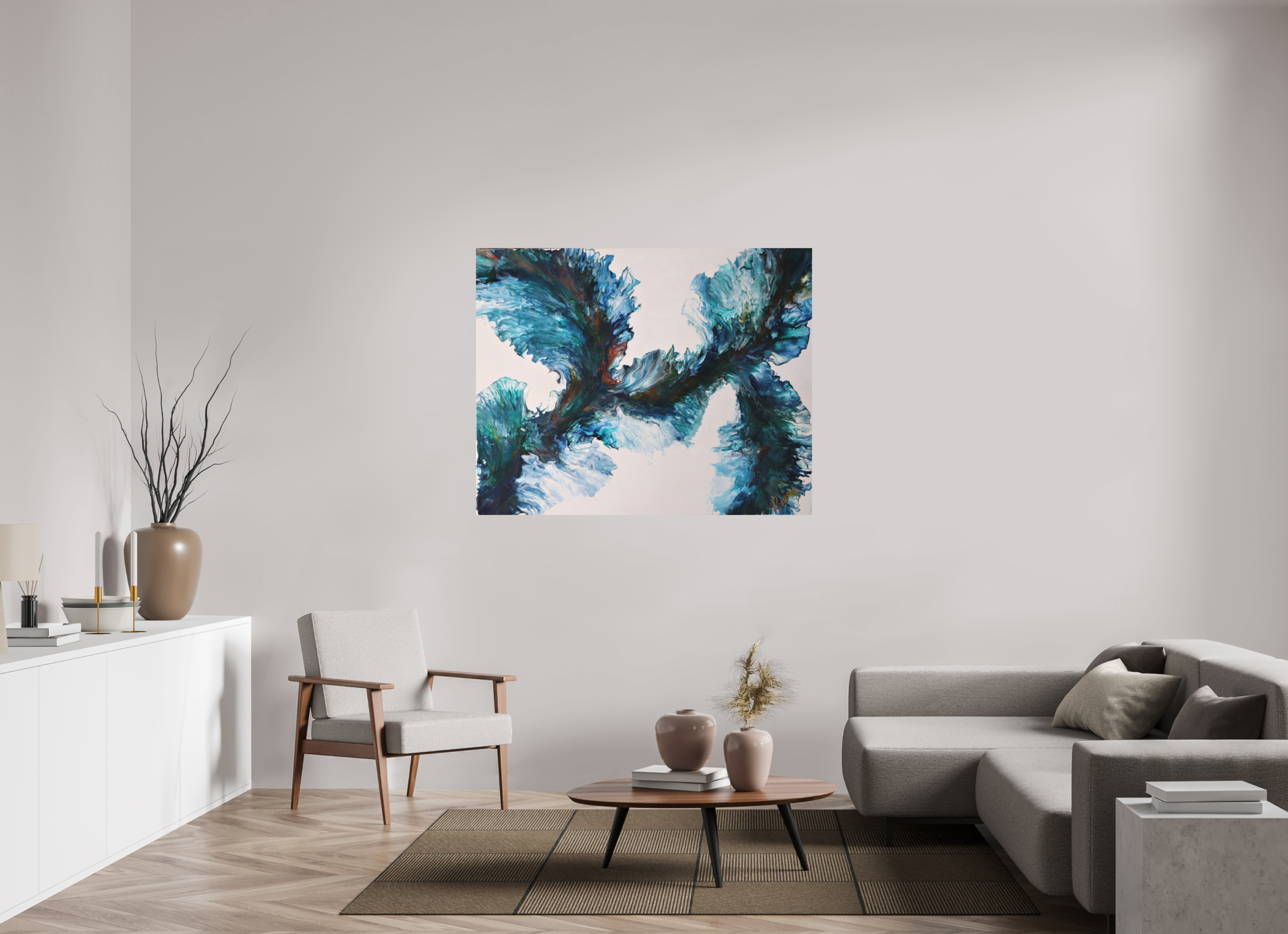 54.1 x 43″, *Photo Print on Fuji Silk Paper No Frame River Blues - Original Dutch Pour Painting